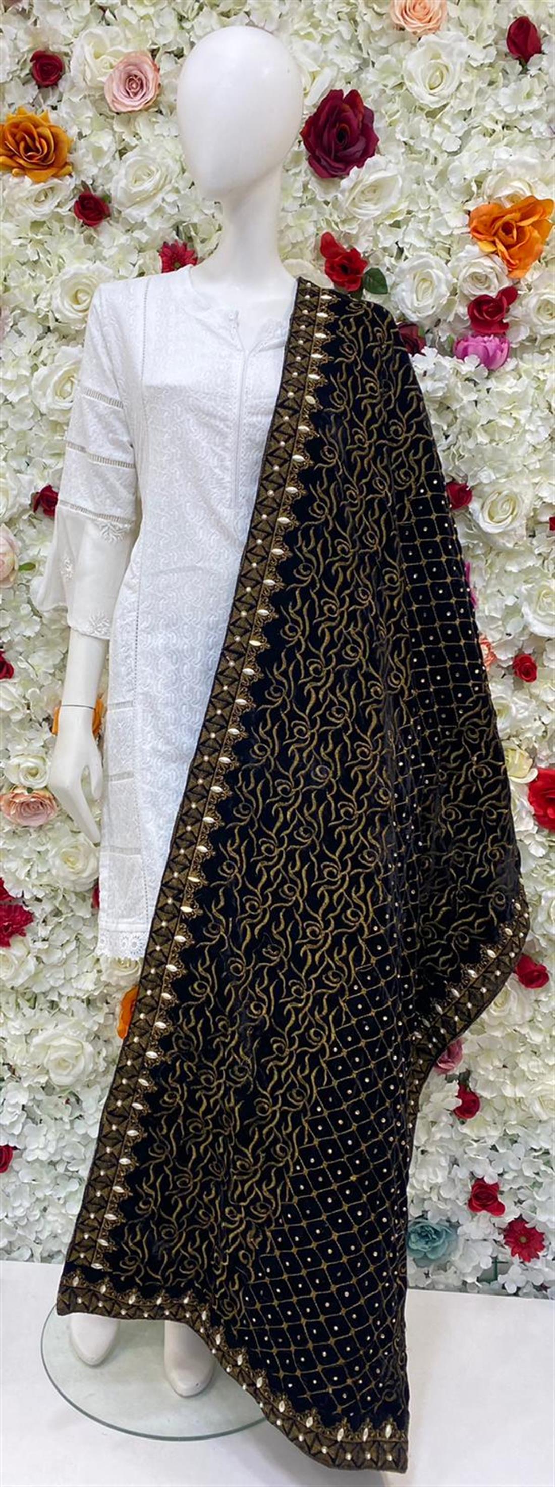 Black Embroidered Velvet Shawls and Scarves