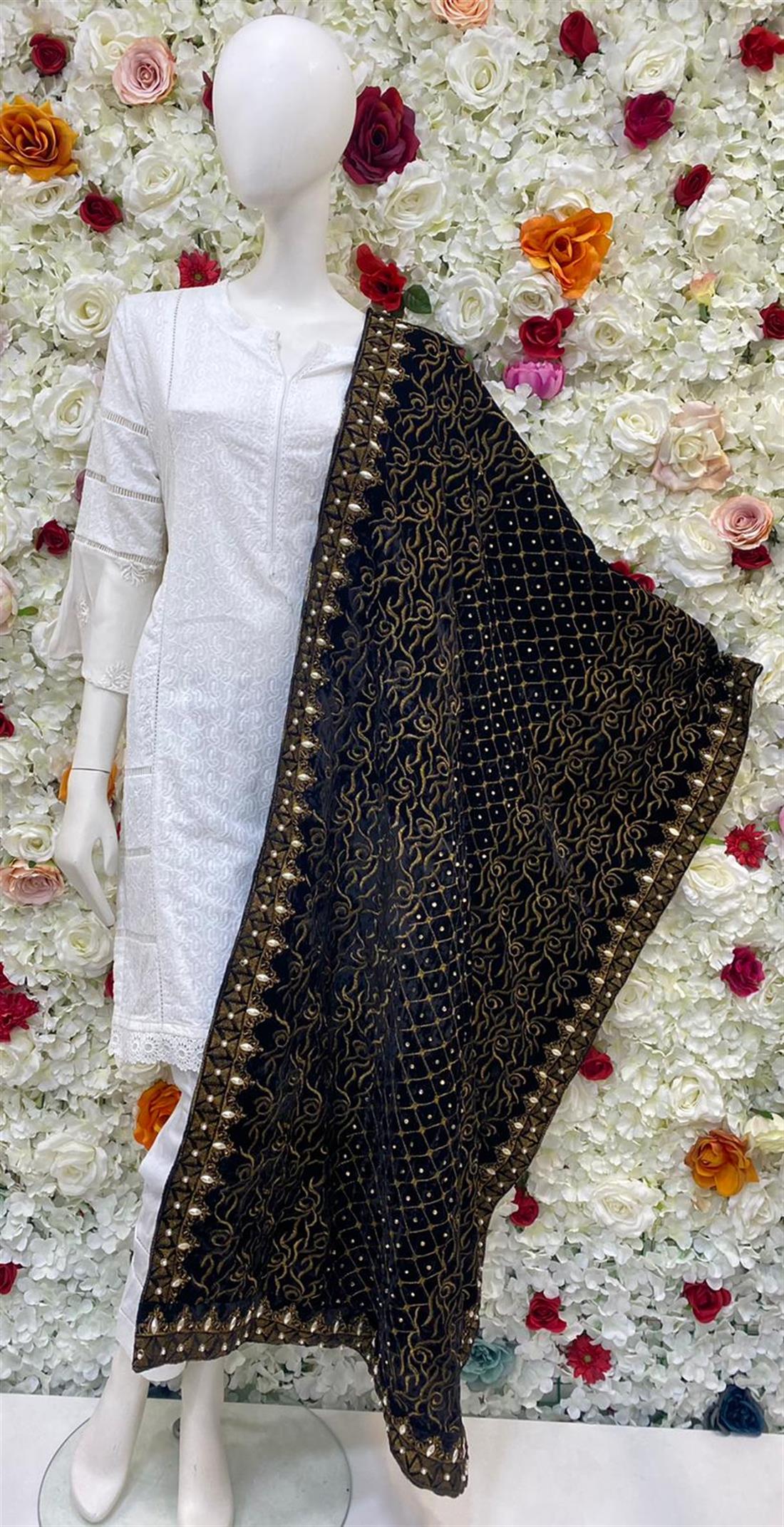 Black Embroidered Velvet Shawls and Scarves