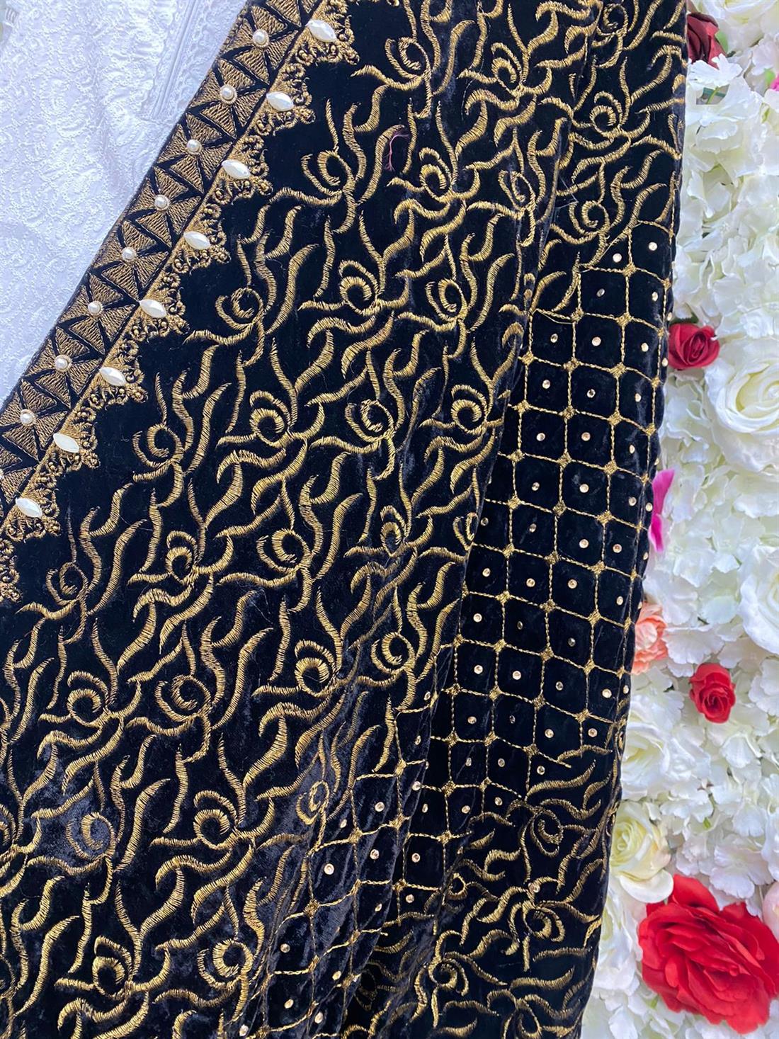 Black Embroidered Velvet Shawls and Scarves