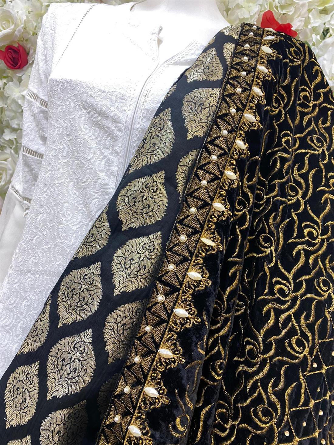 Black Embroidered Velvet Shawls and Scarves