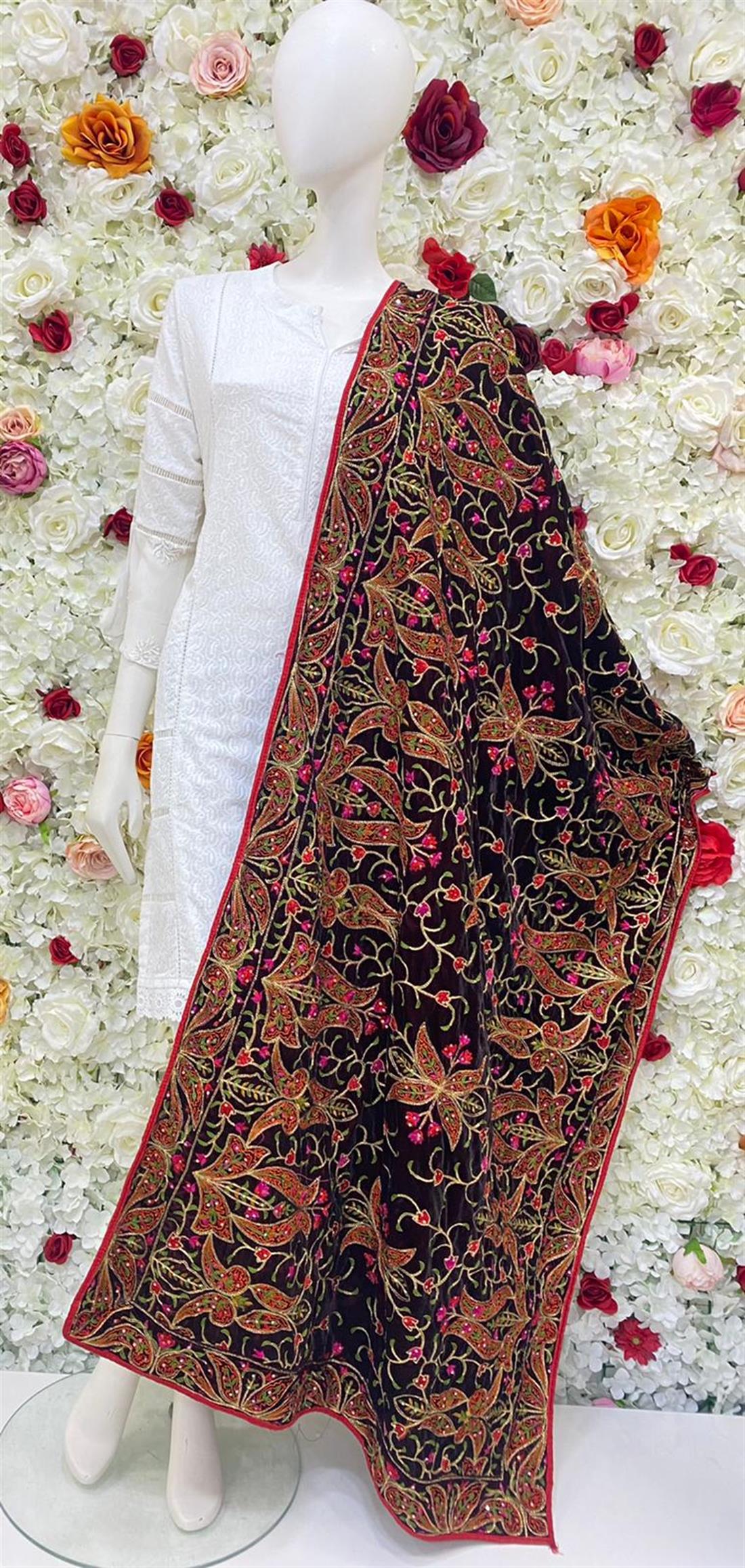 Deep Maroon Embroidered Shawls and Scarves