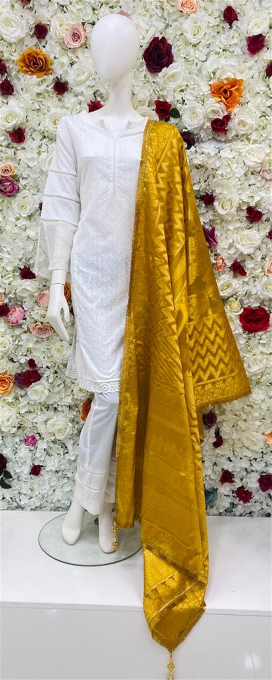 Yellow Zari Banarasi Shawls and Scarves