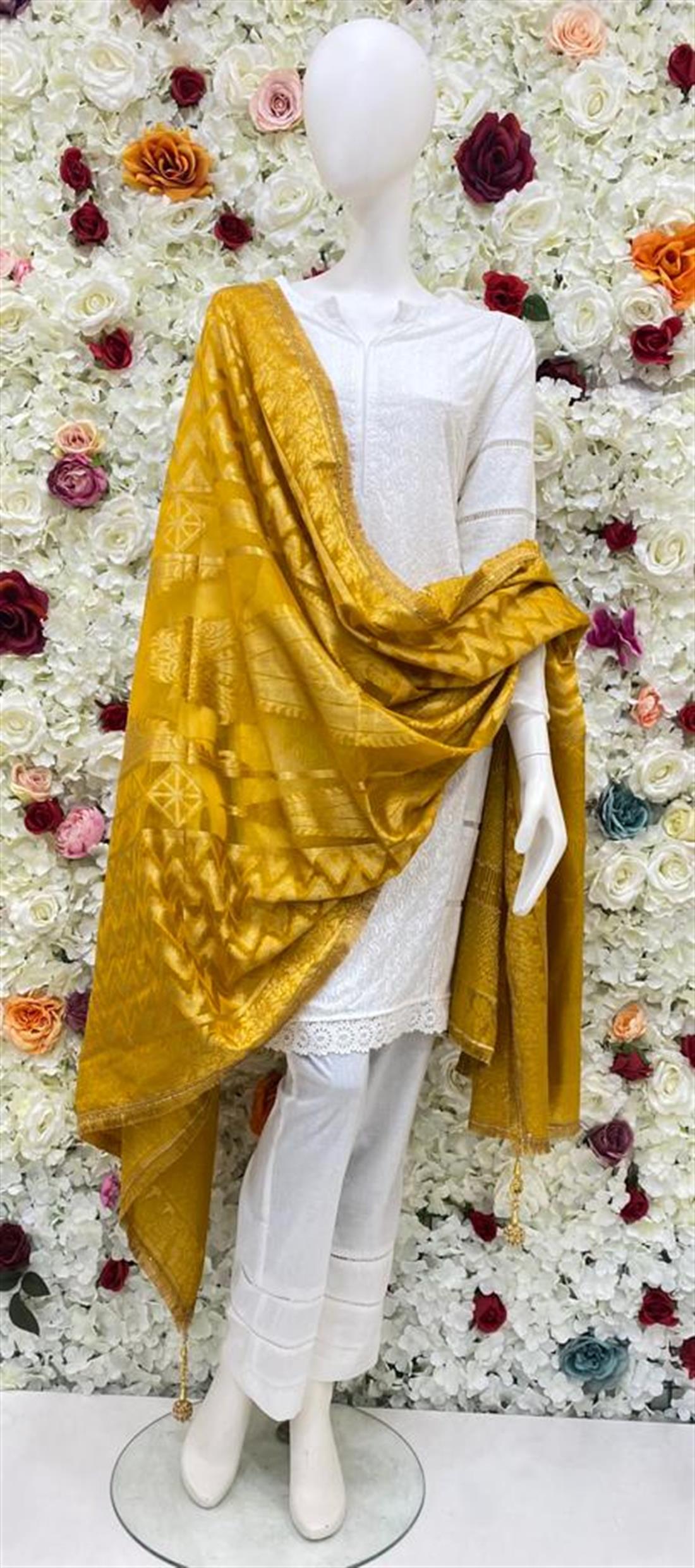 Yellow Zari Banarasi Shawls and Scarves