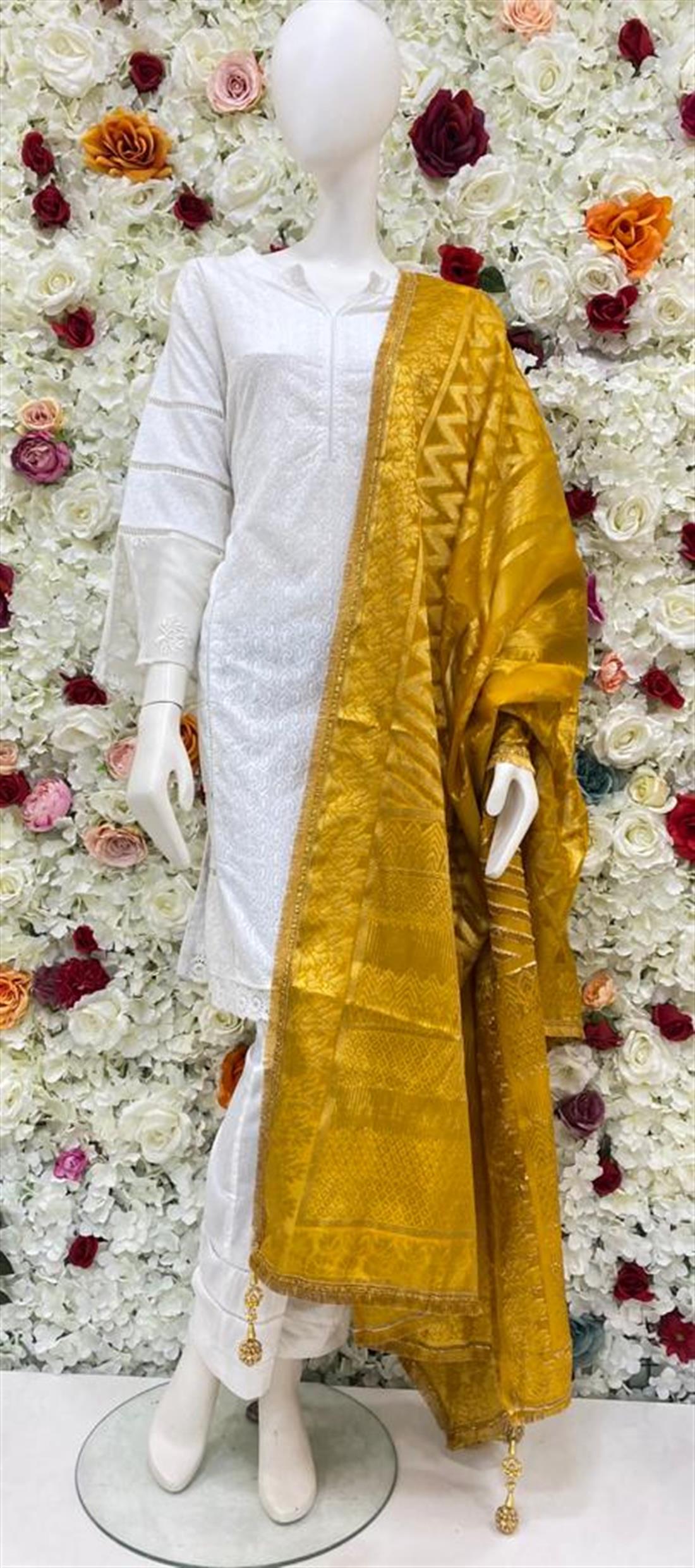 Yellow Zari Banarasi Shawls and Scarves