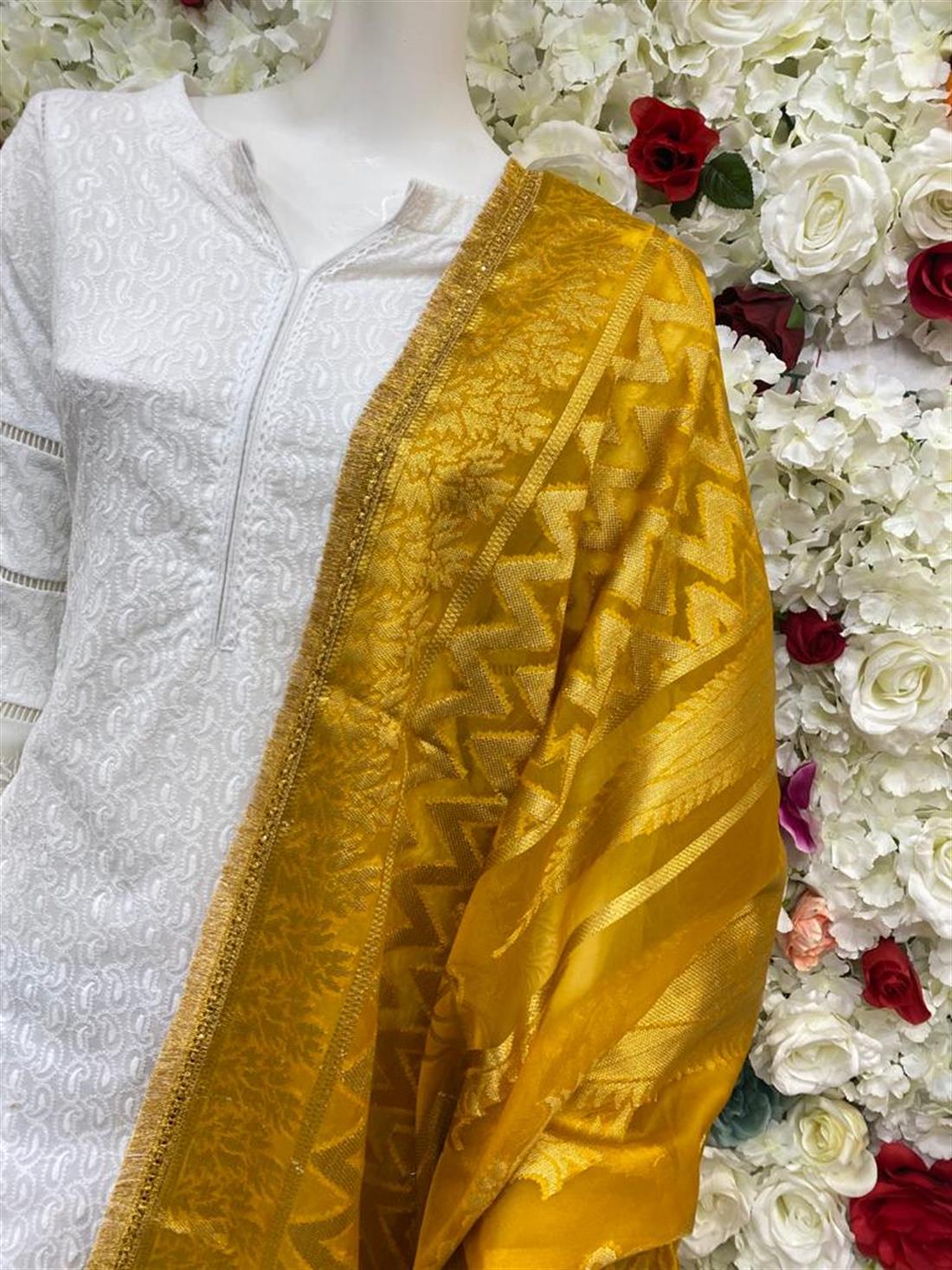 Yellow Zari Banarasi Shawls and Scarves
