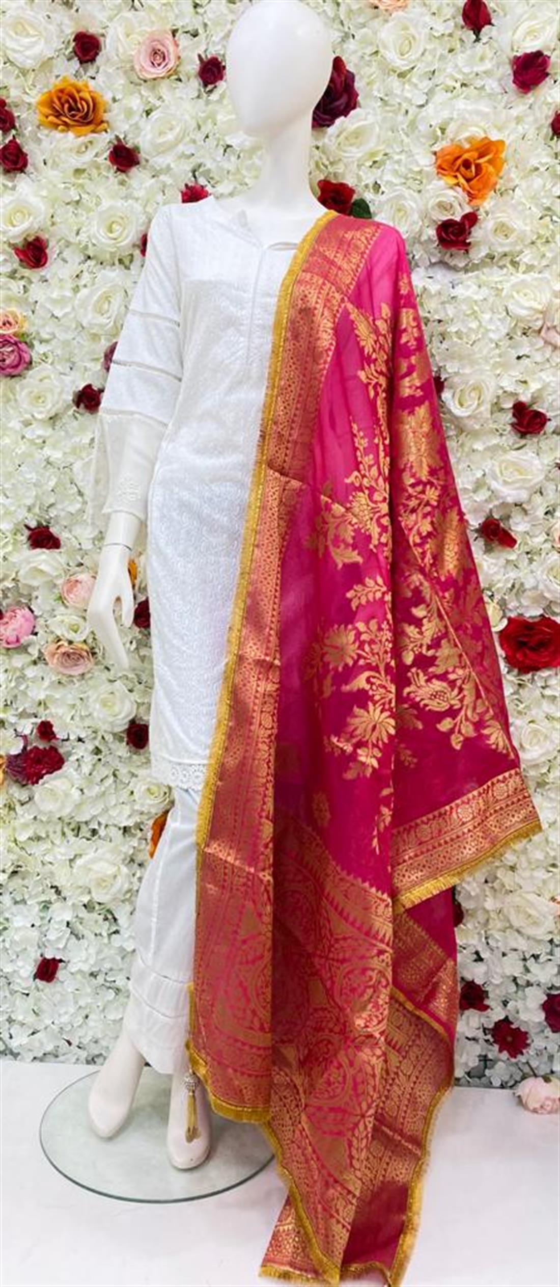 Pink Zari Banarasi Shawls and Scarves