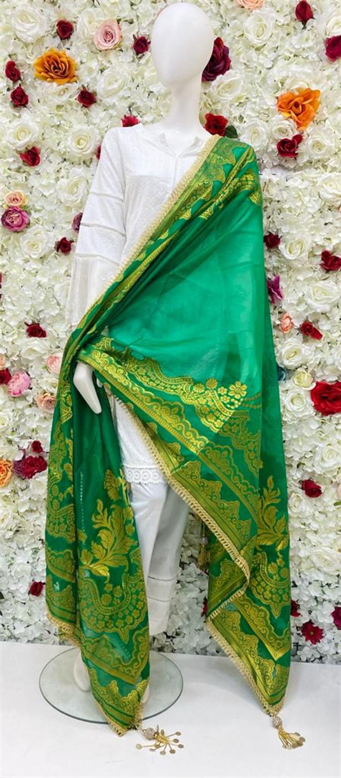 Green Zari Banarasi Shawls and Scarves