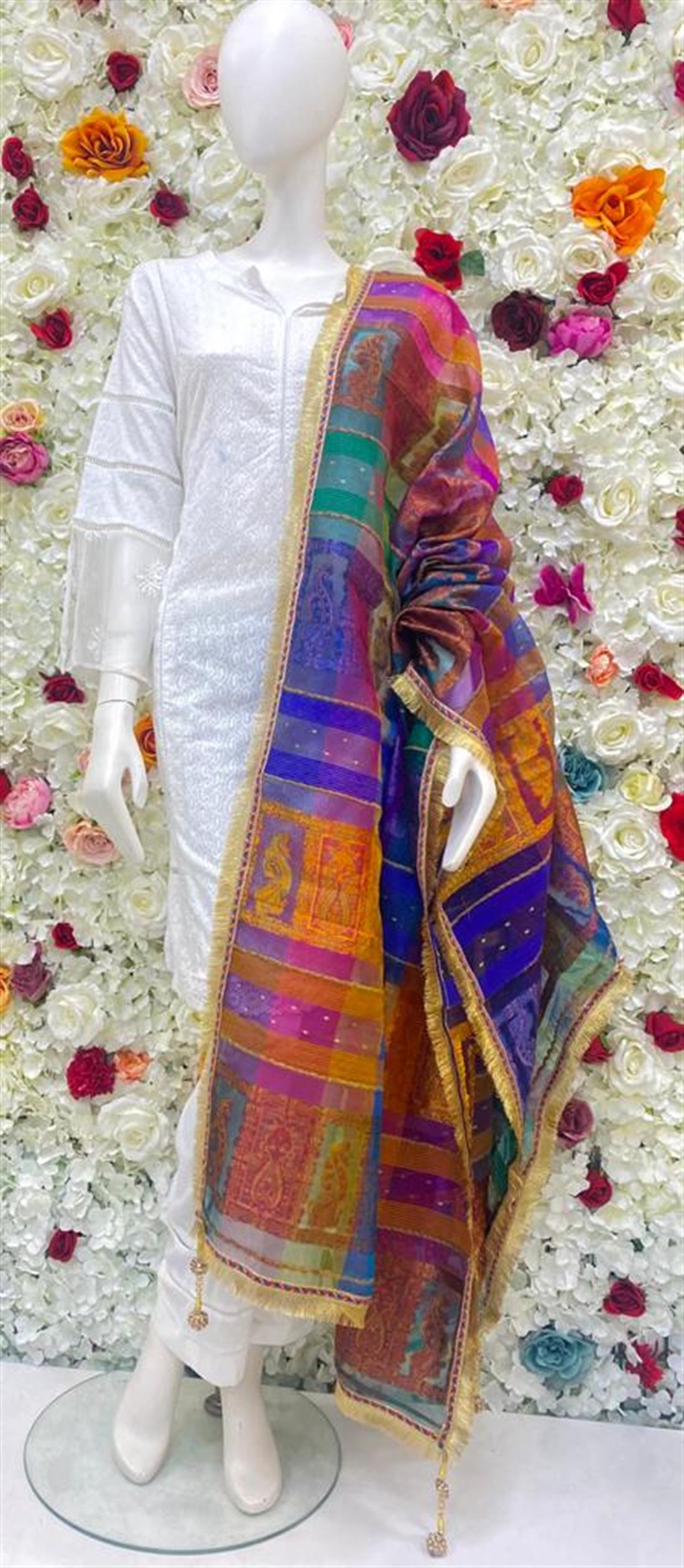 Blue & Orange Zari Banarasi Shawls and Scarves