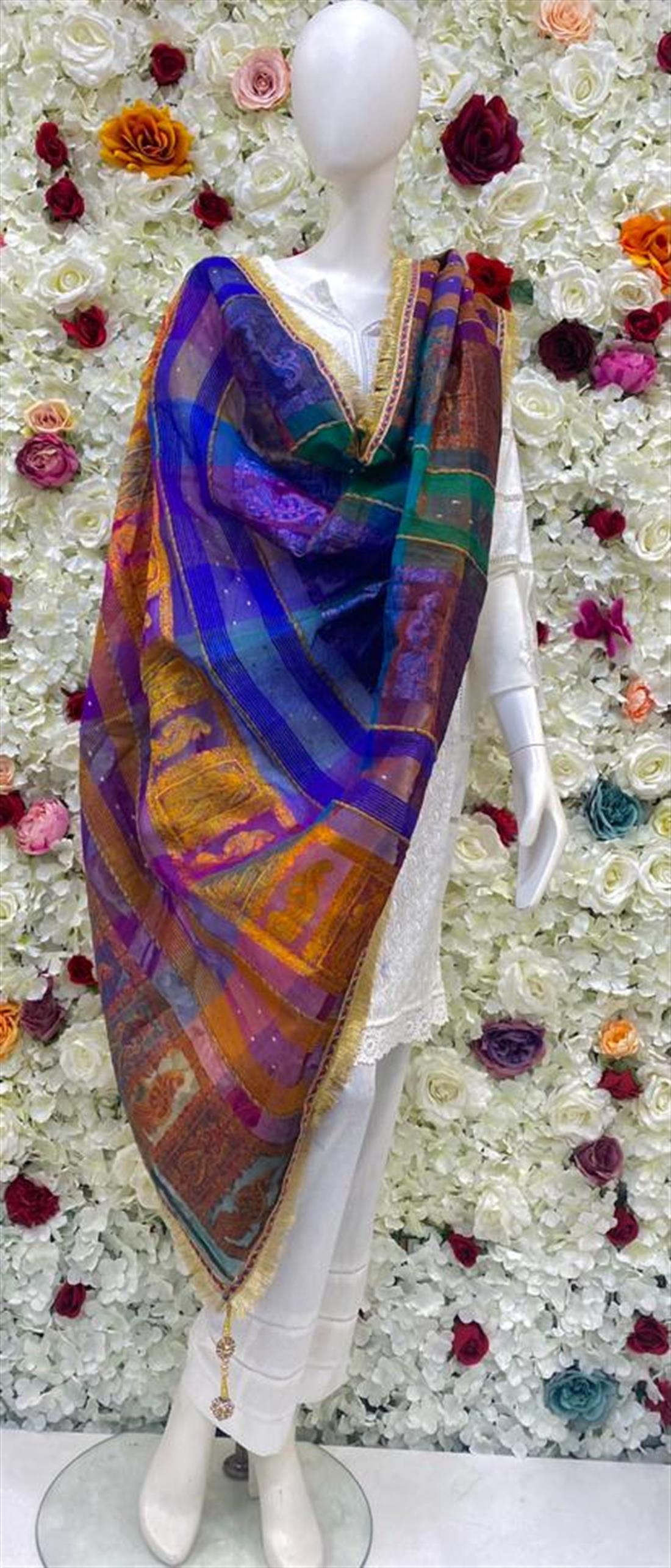 Blue & Orange Zari Banarasi Shawls and Scarves