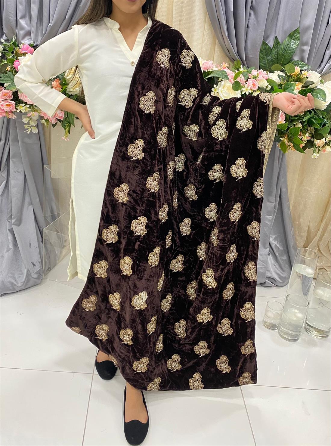 Dark Brown Embroidered Velvet Shawls and Scarves