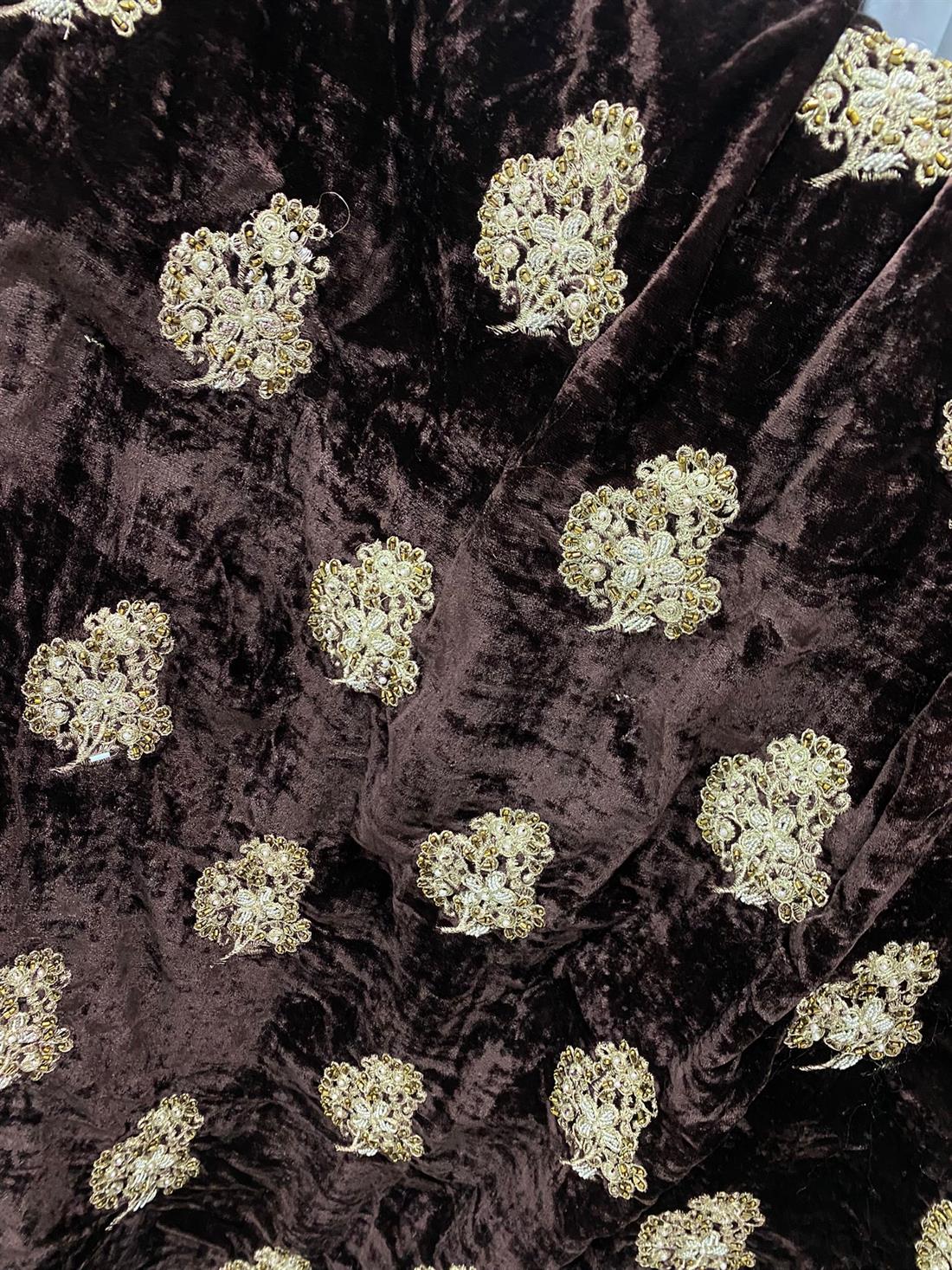 Dark Brown Embroidered Velvet Shawls and Scarves