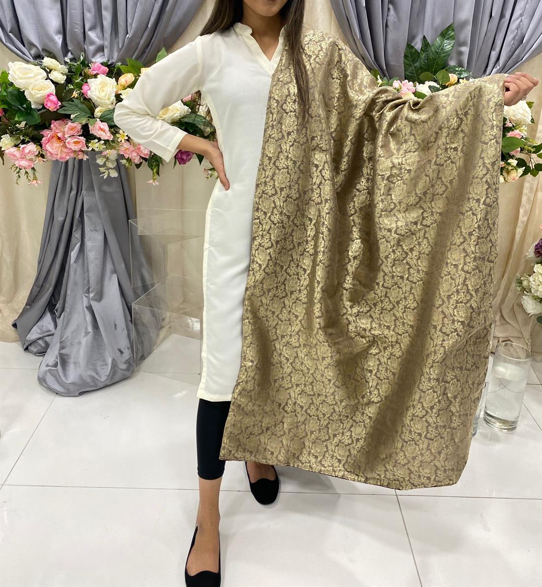 Dark Brown Embroidered Velvet Shawls and Scarves