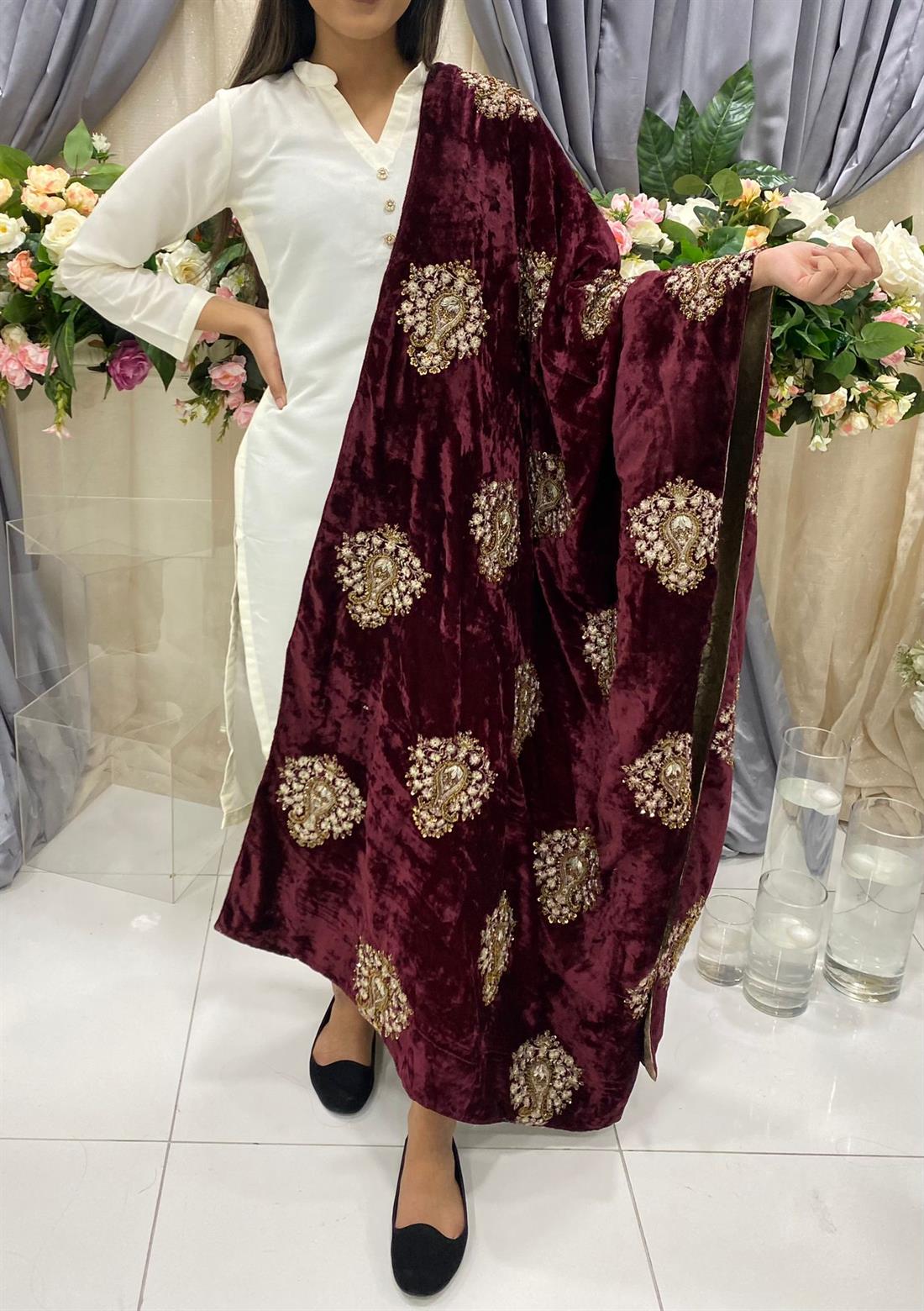 Maroon Embroidered Velvet Shawls and Scarves