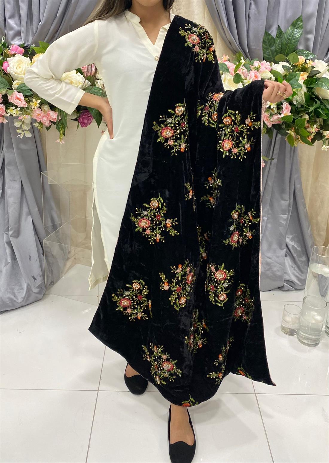 Black Embroidered Velvet Shawls and Scarves