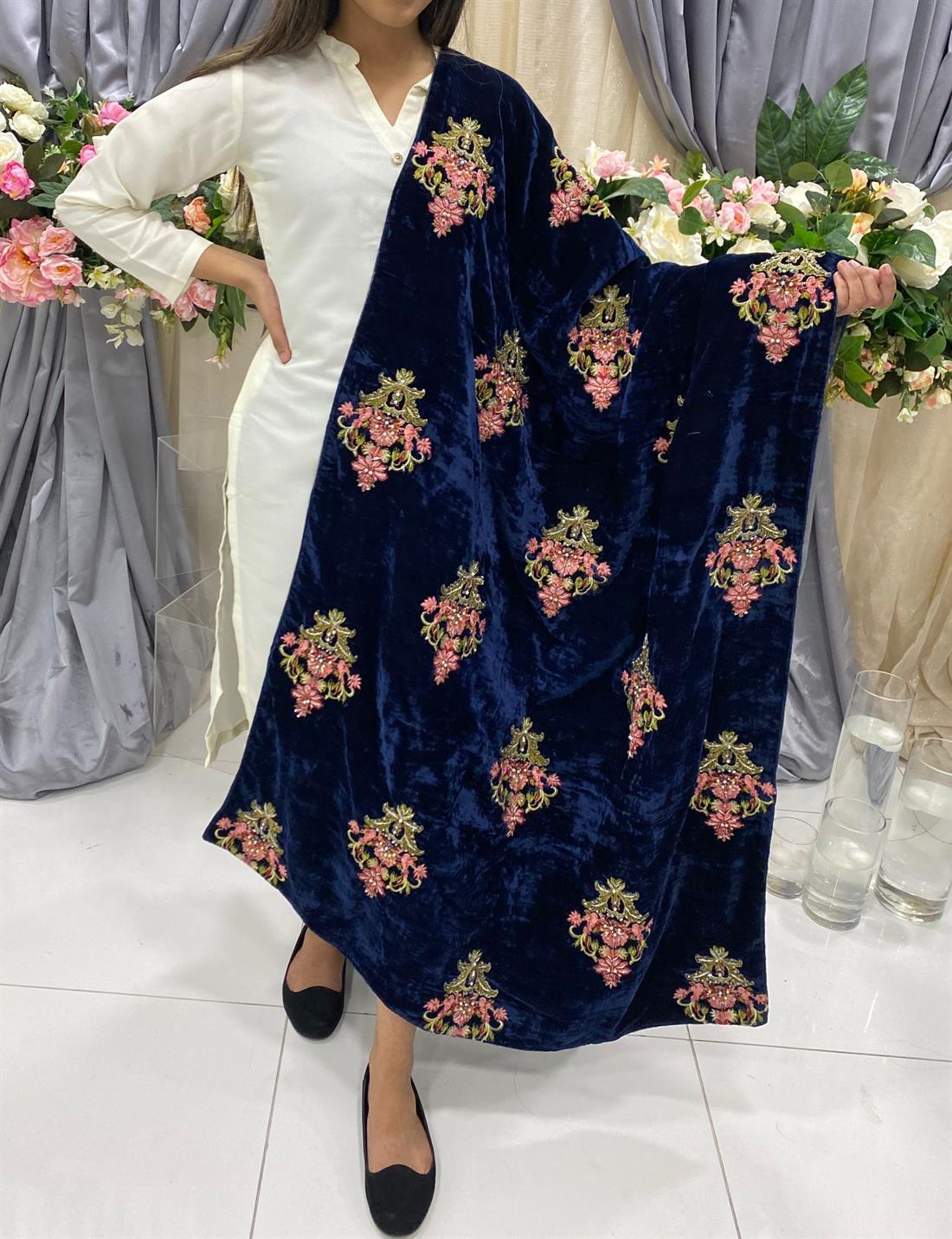 Navy Blue Embroidered Velvet Shawls and Scarves