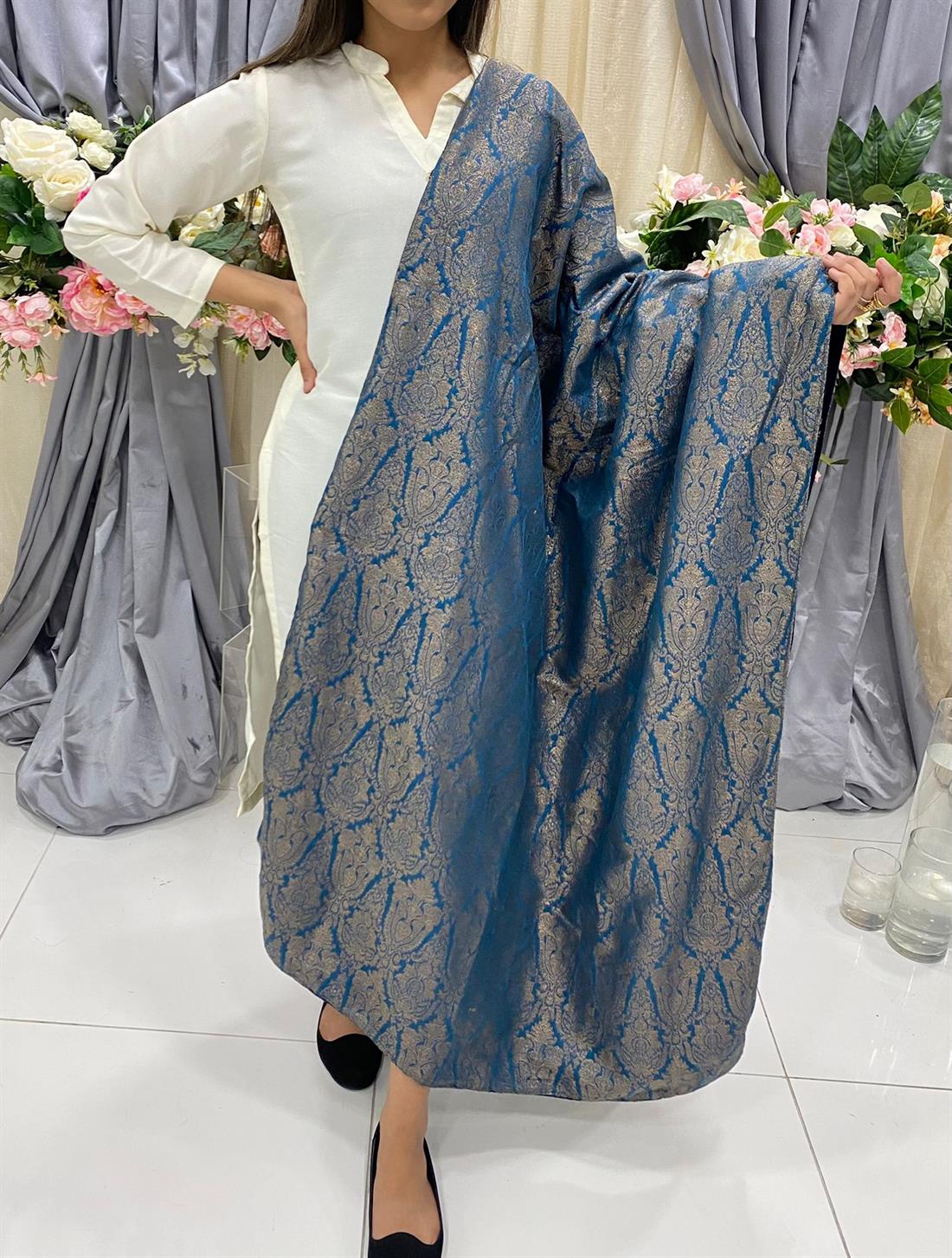 Navy Blue Embroidered Velvet Shawls and Scarves