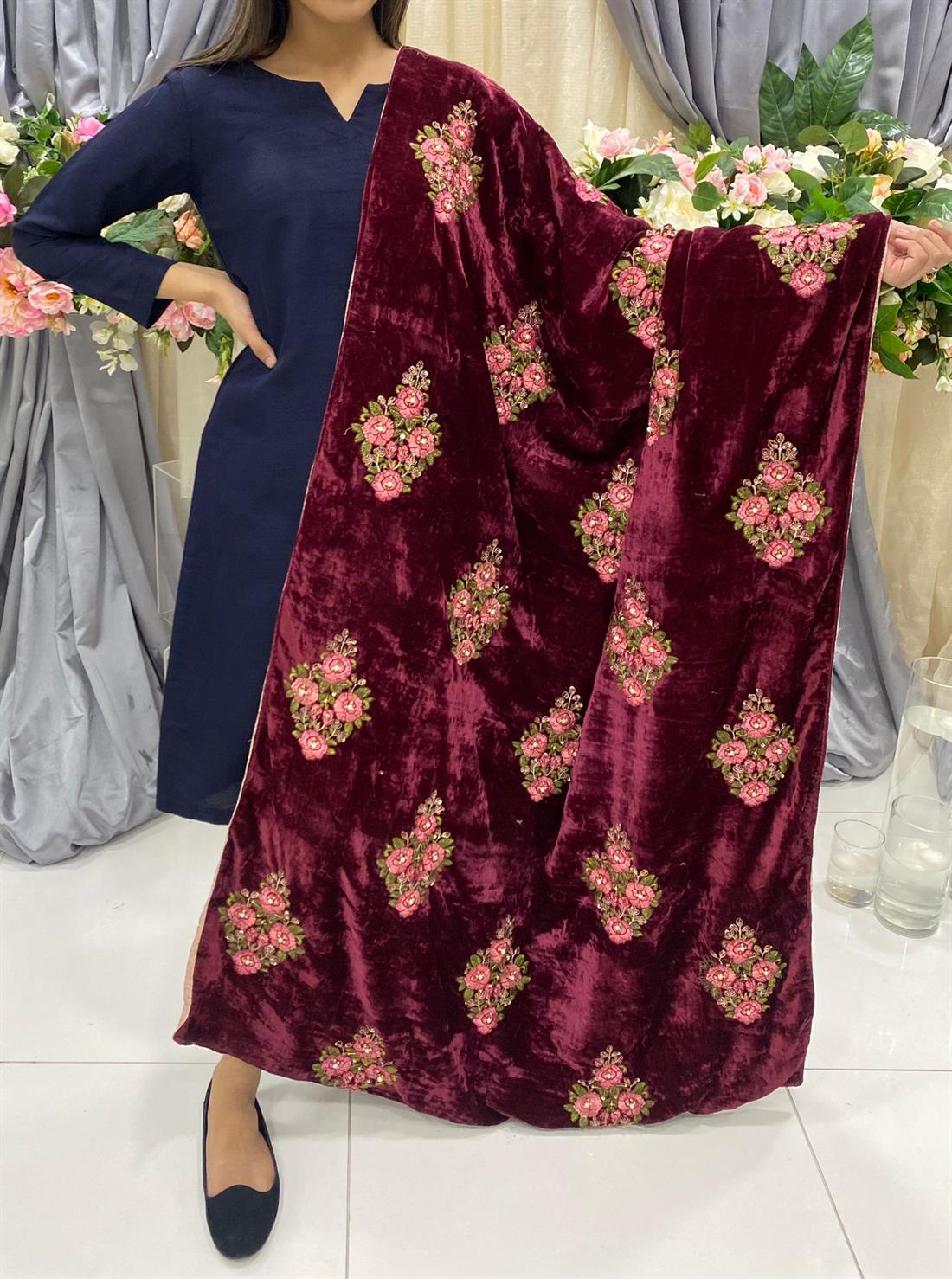 Maroon Embroidered Velvet Shawls and Scarves