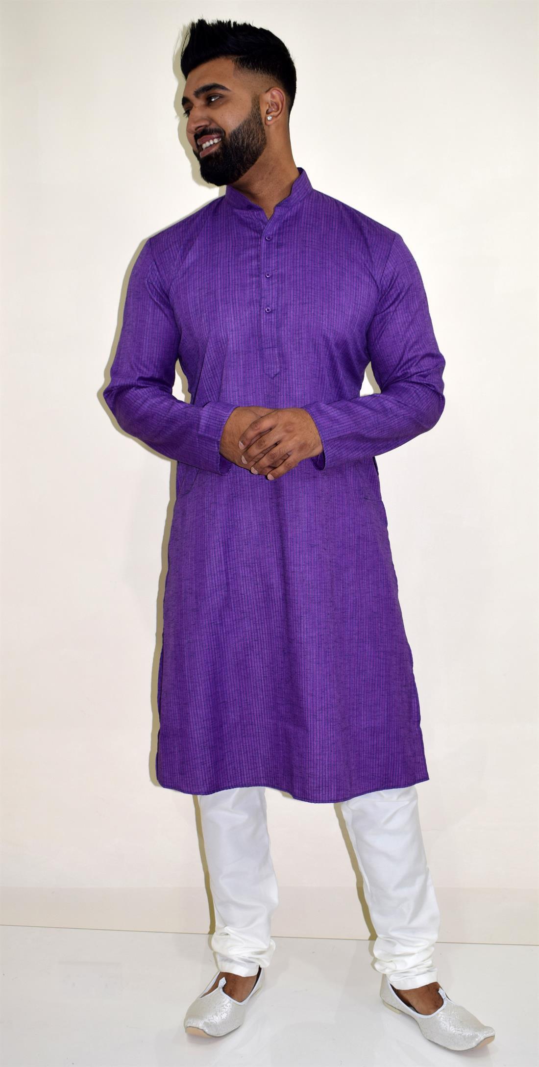 Purple & White Cotton Mens Kurta Pajama