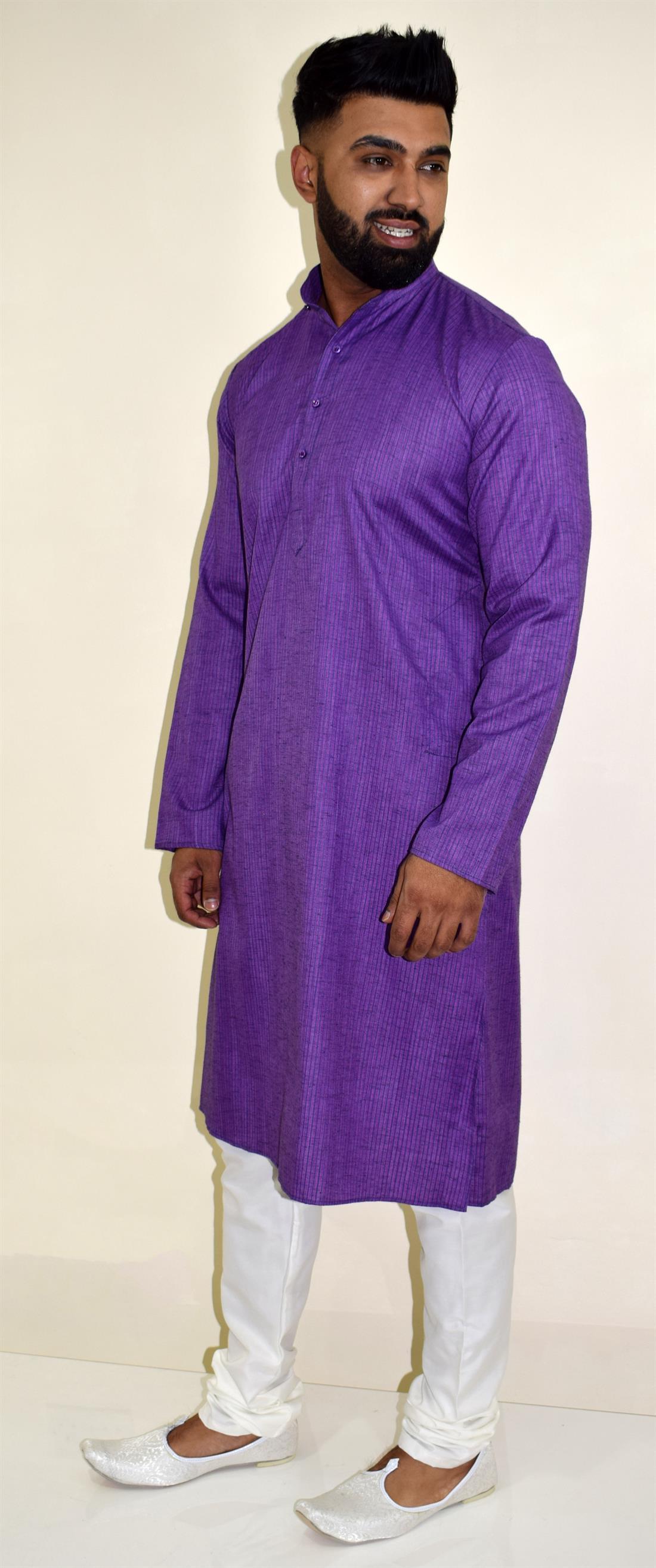 Purple & White Cotton Mens Kurta Pajama