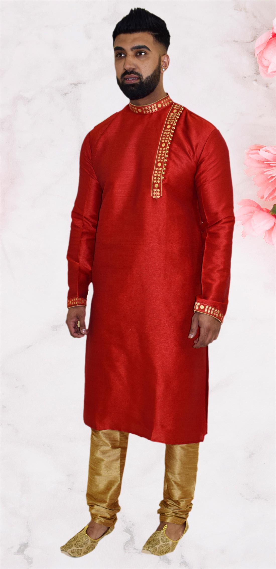 Red Embroidered New Anraka Kurta Pajma with Side Cut