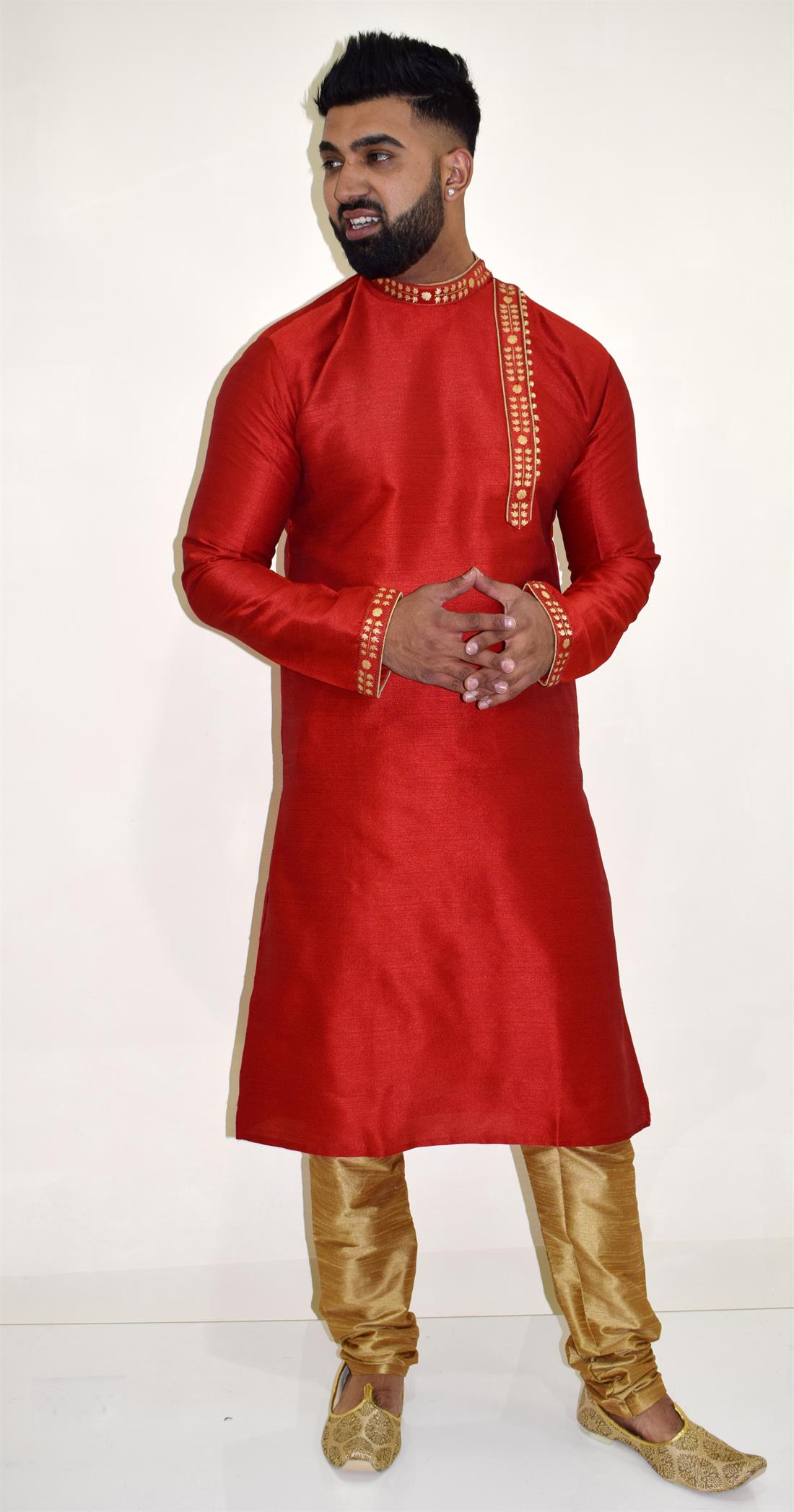 Red Embroidered New Anraka Kurta Pajma with Side Cut