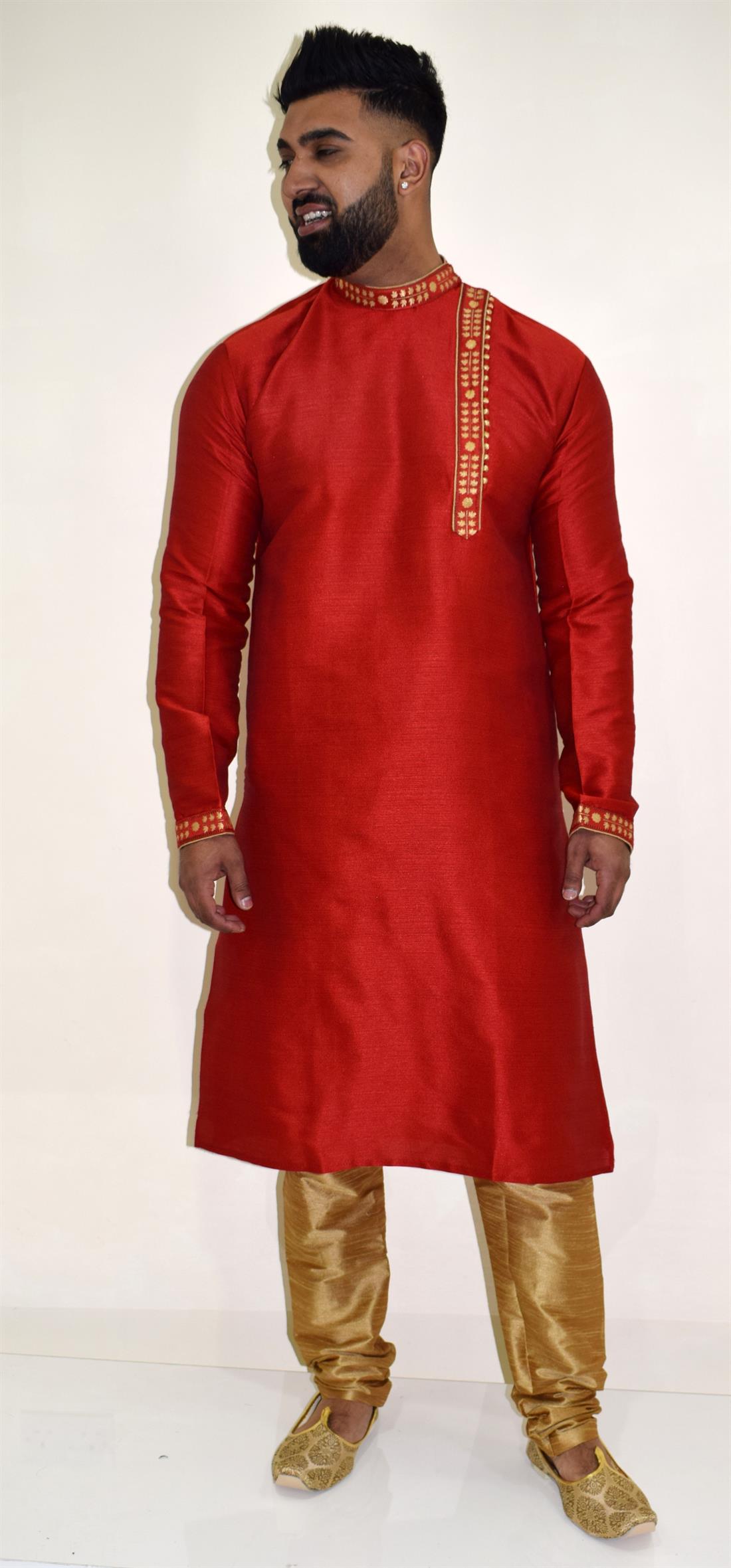 Red Embroidered New Anraka Kurta Pajma with Side Cut