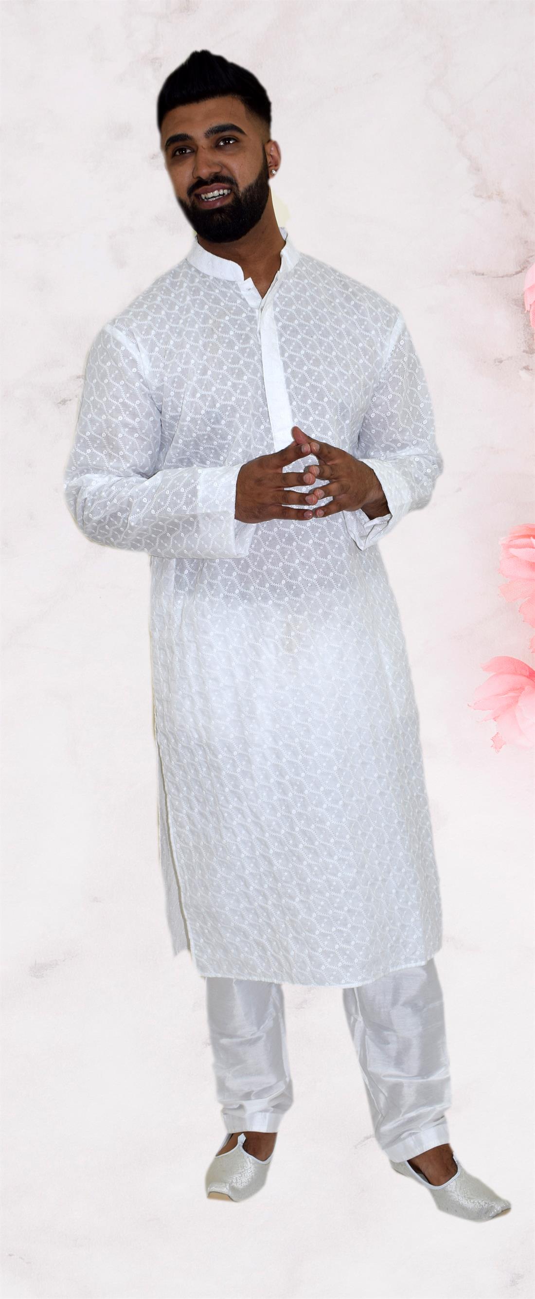 White Embroidered Cotton Mens Kurta Pajama