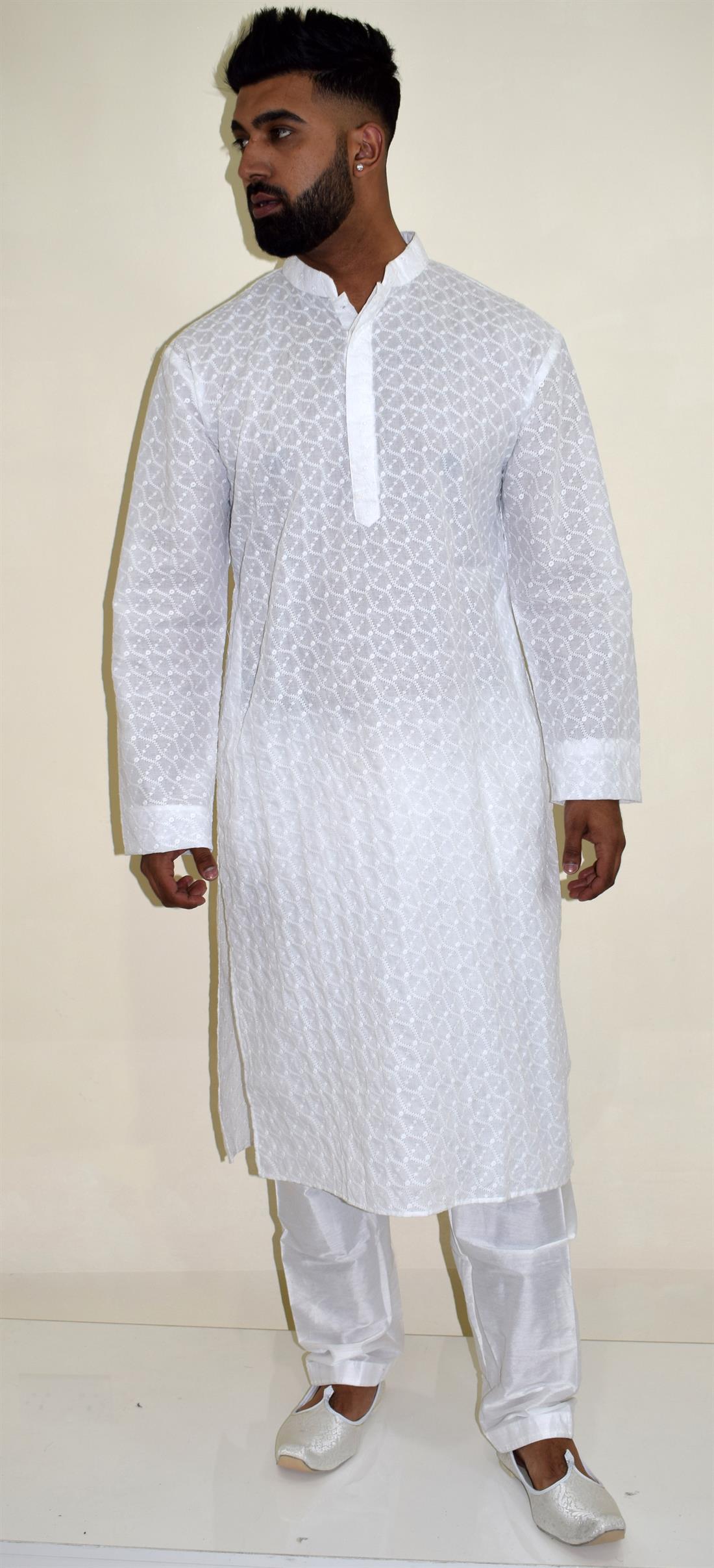 White Embroidered Cotton Mens Kurta Pajama
