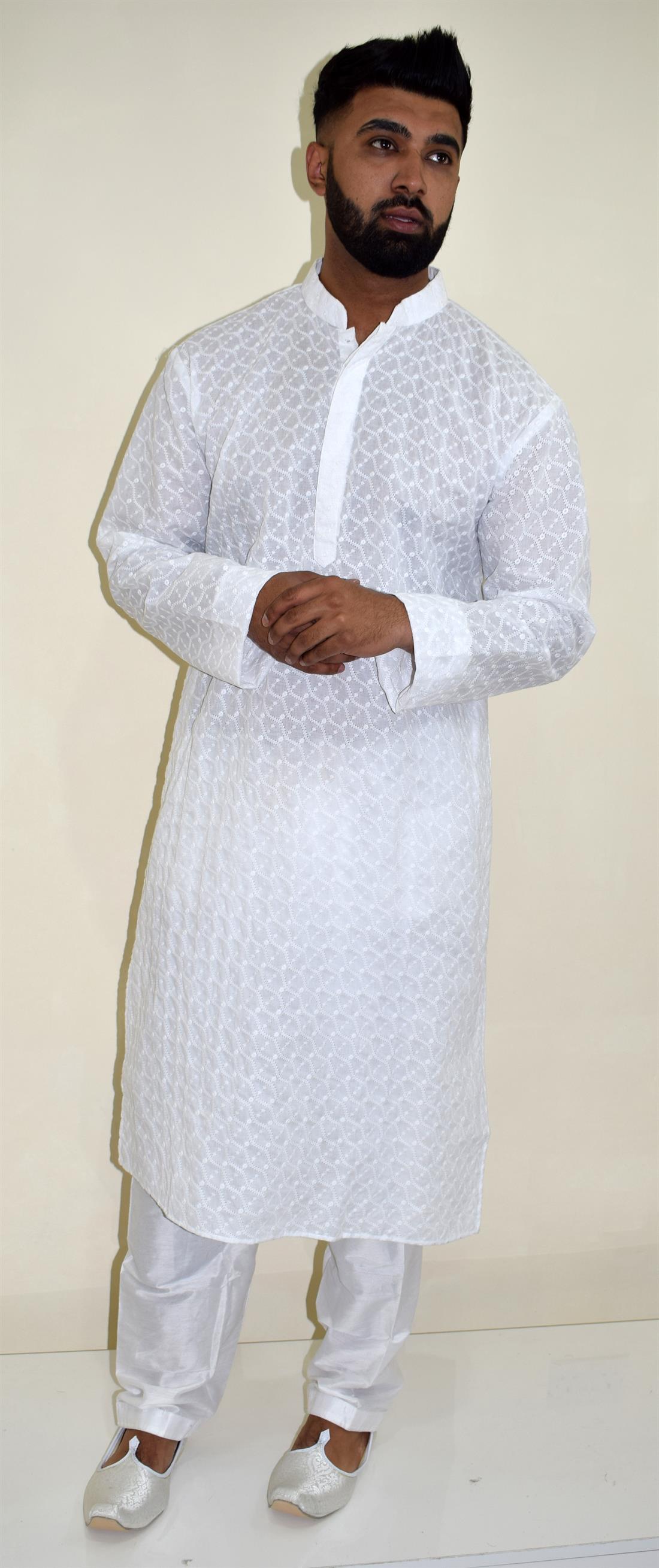 White Embroidered Cotton Mens Kurta Pajama