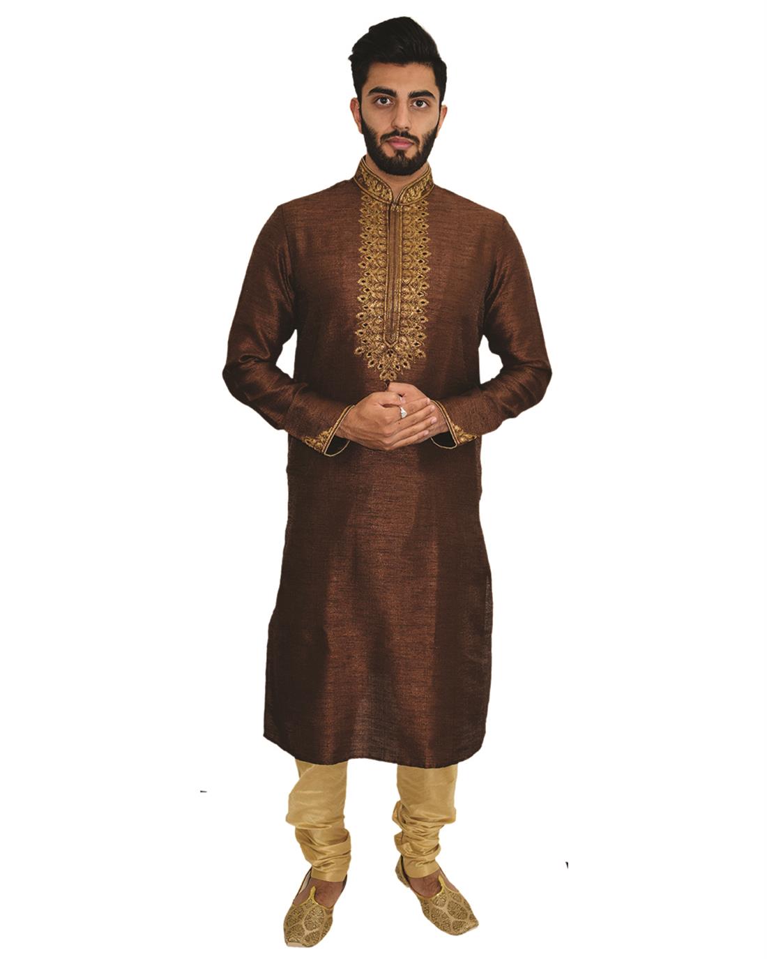 Brown Embroidered Mens Kurta Pajama