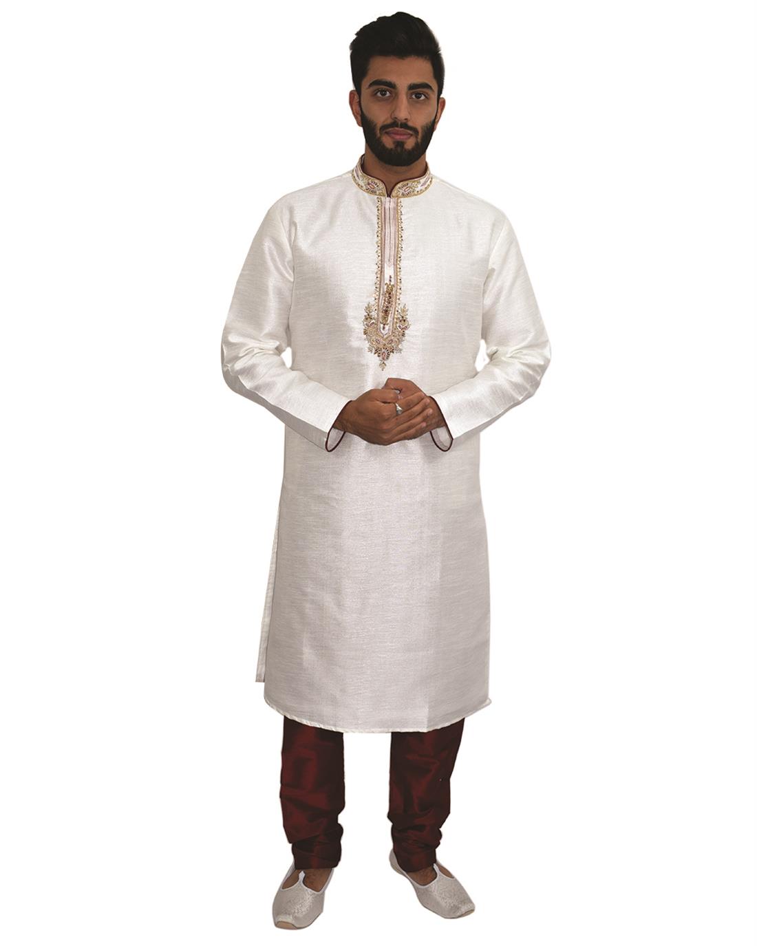 White & Maroon Mens Kurta Pajama