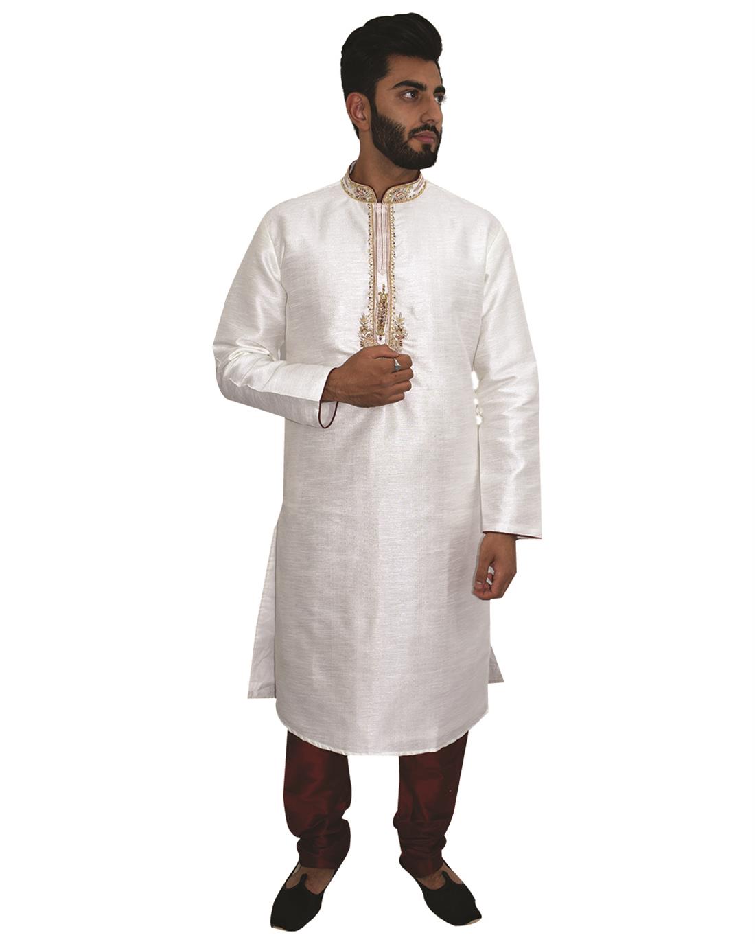 White & Maroon Mens Kurta Pajama