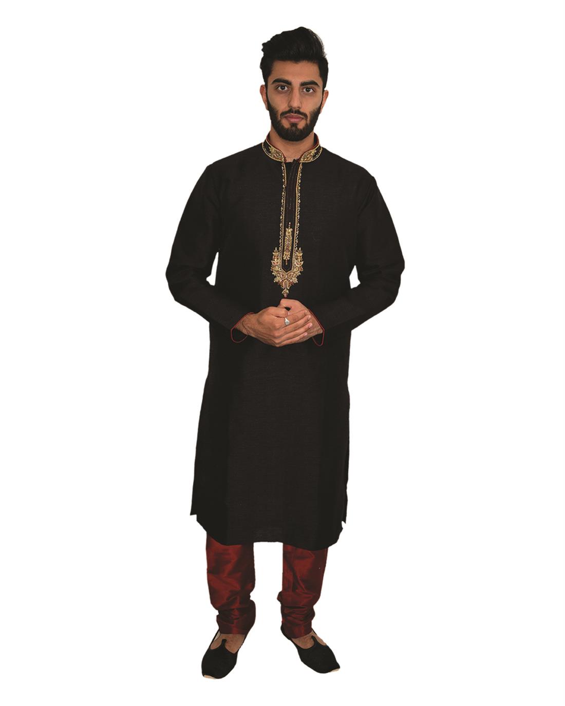 Black & Maroon Embroidered Mens Kurta Pajama