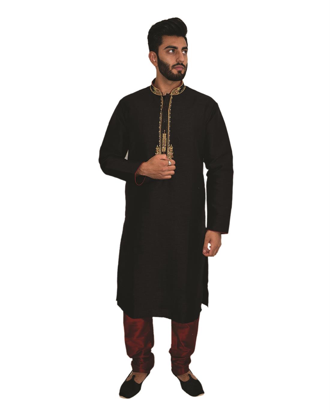 Black & Maroon Embroidered Mens Kurta Pajama