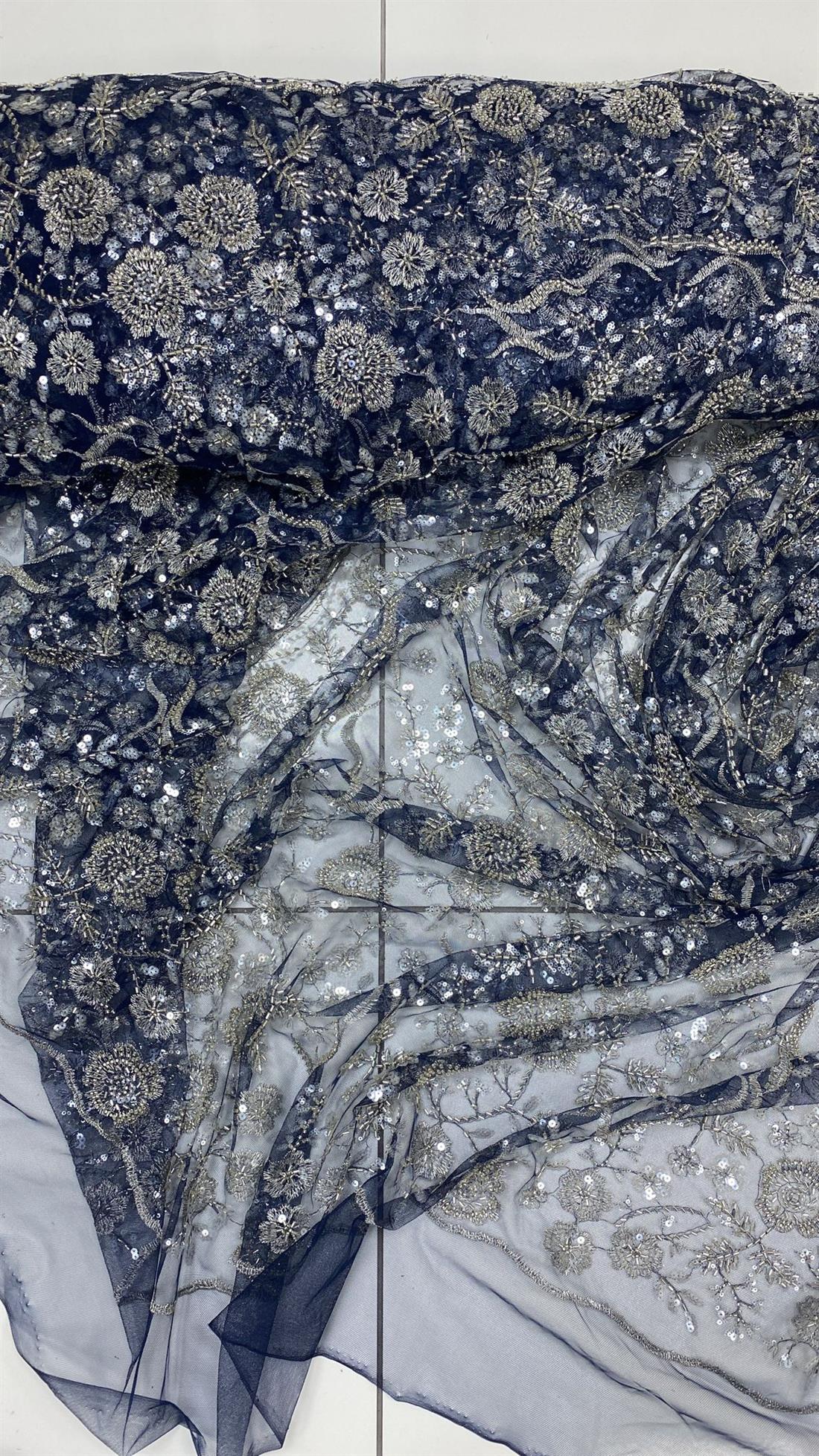 Navy Embroidered Emb Net Sold by the Mtr