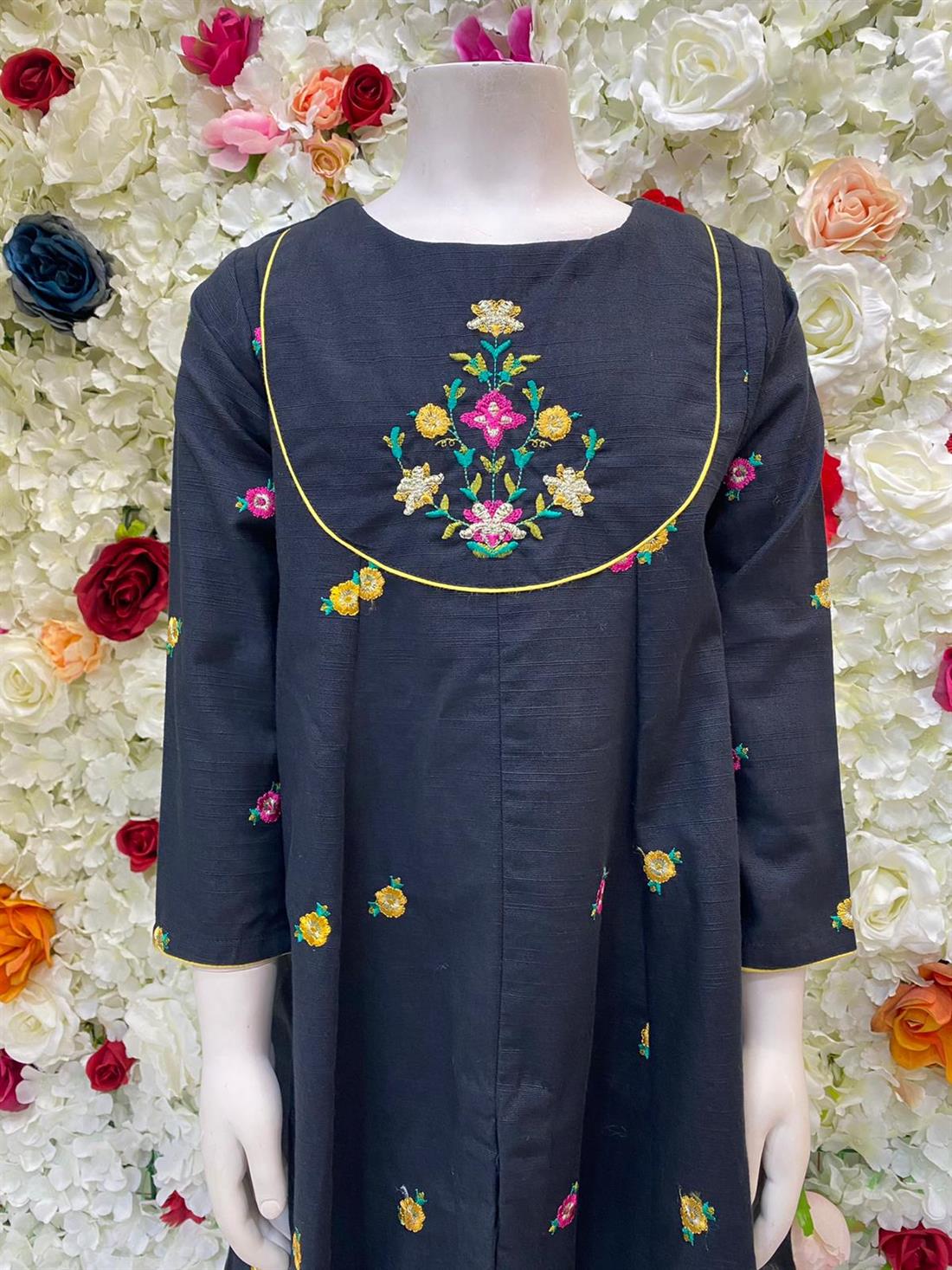 Black Thread Embroidered Khadar Frock- 2 Piece Suit.