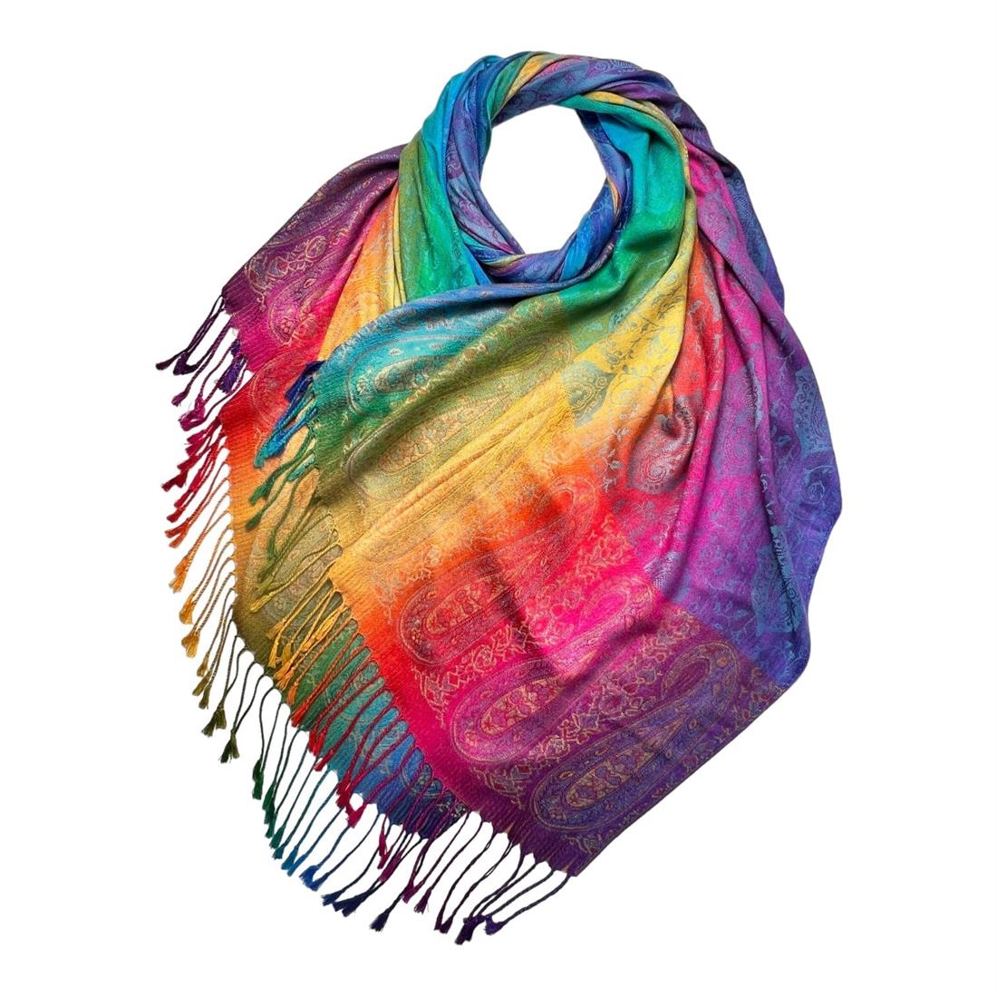 Turquoise Cotton Pashmina With Tassels - Rainbow Paisley Print