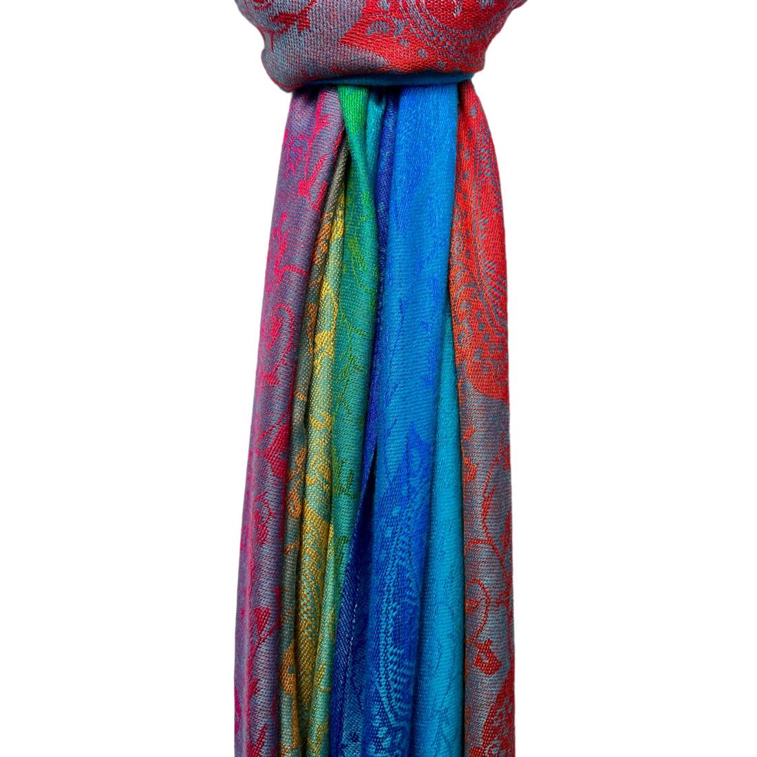 Turquoise Cotton Pashmina With Tassels - Rainbow Paisley Print
