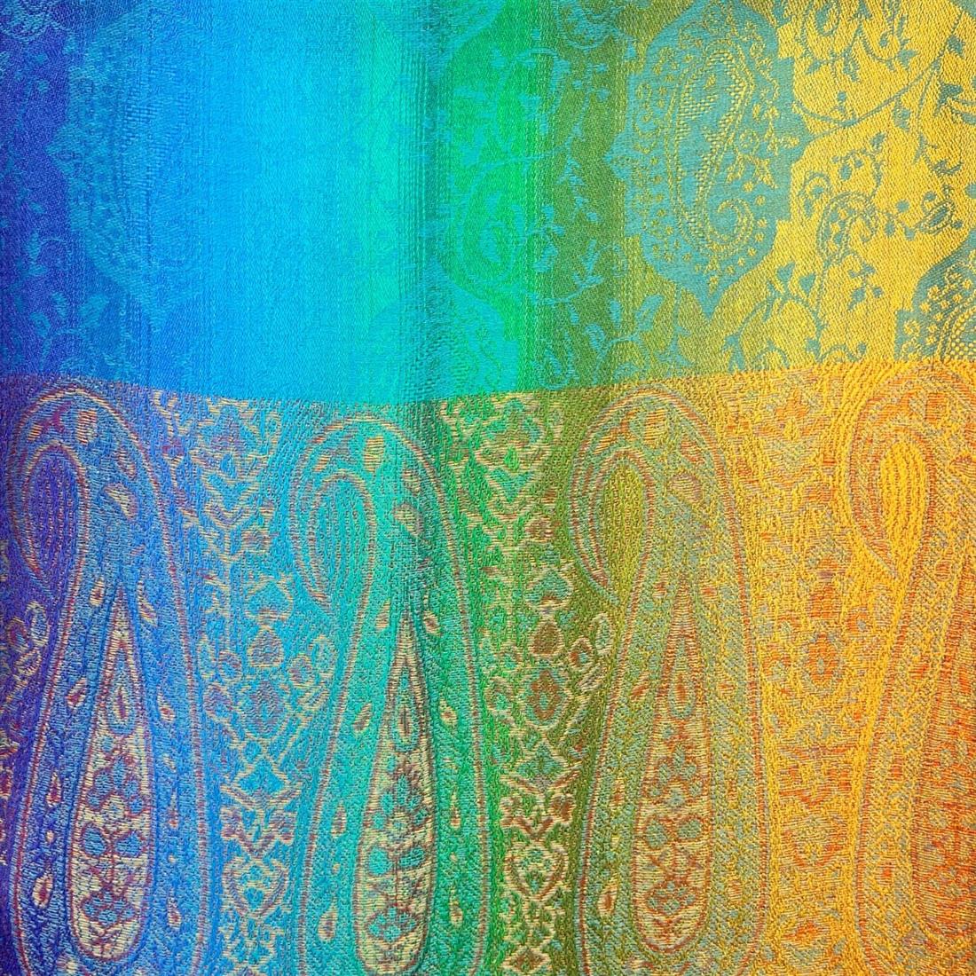 Turquoise Cotton Pashmina With Tassels - Rainbow Paisley Print