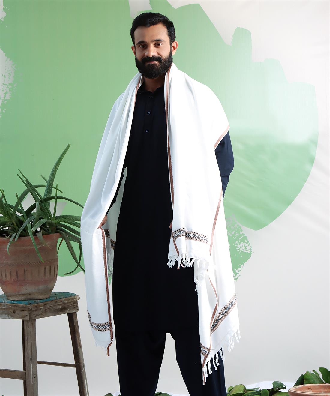 White Embroidered Mens Shawl