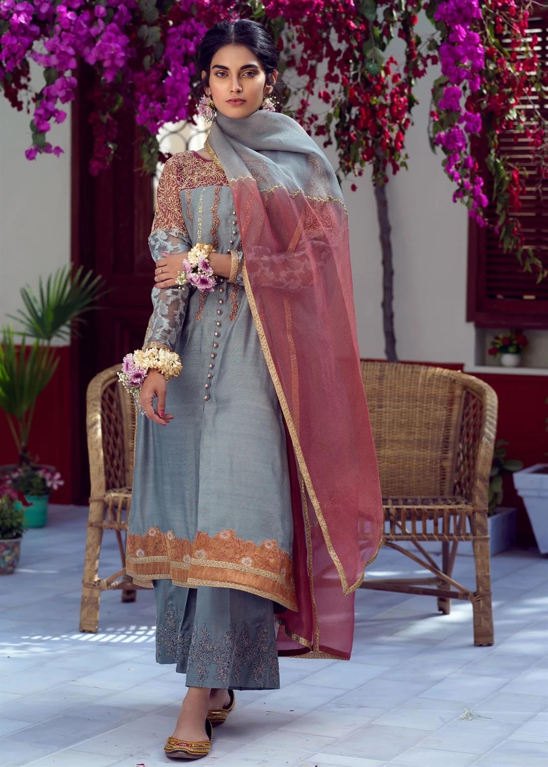 Embroidered Raw Silk Straight-Cut Umsha