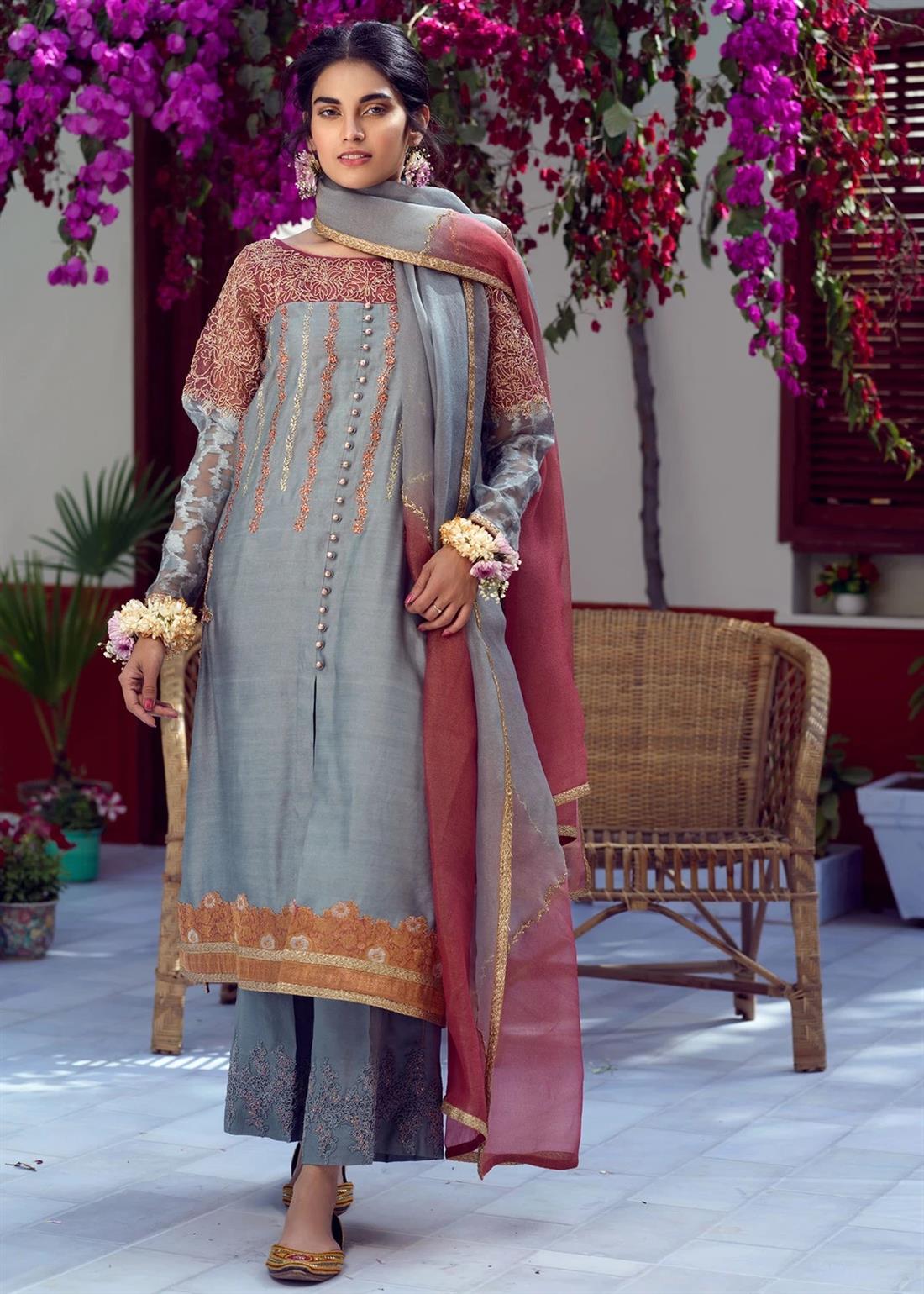 Embroidered Raw Silk Straight-Cut Umsha