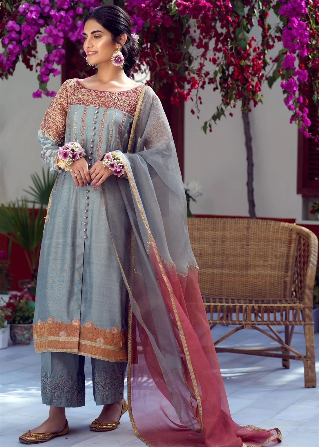 Embroidered Raw Silk Straight-Cut Umsha