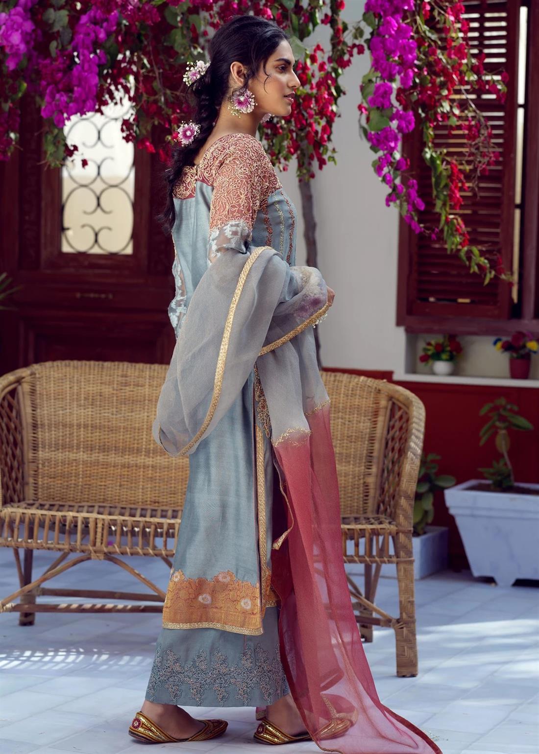 Embroidered Raw Silk Straight-Cut Umsha