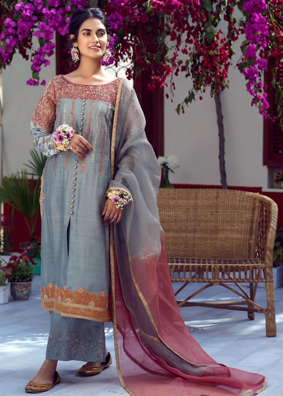 Embroidered Raw Silk Straight-Cut Umsha
