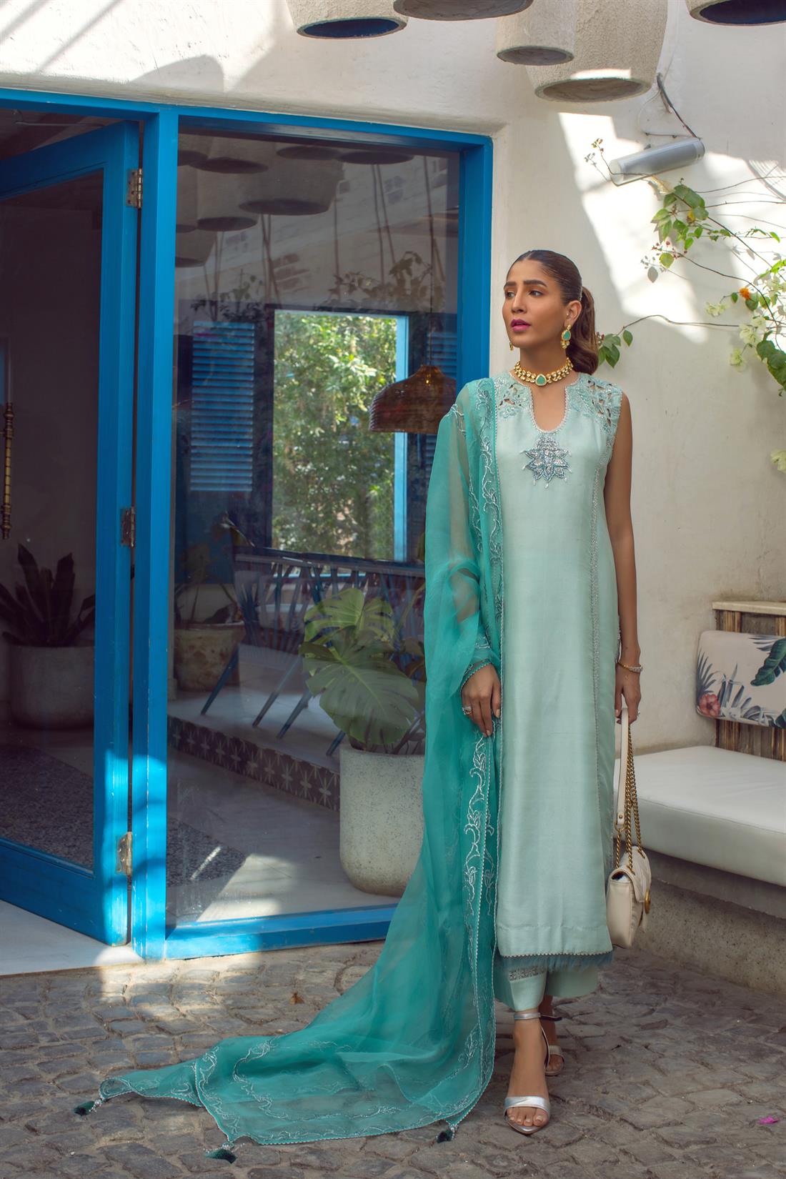 Sea Blue Sequinned Raw Silk Umsha