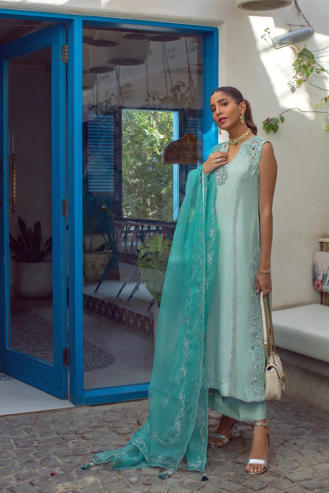Sea Blue Sequinned Raw Silk Umsha