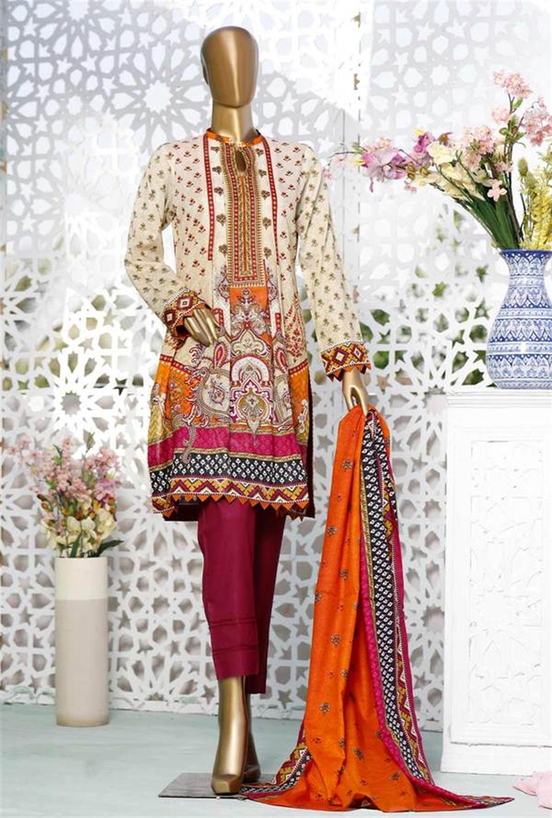 Skin & Orange Printed Lawn Unstitched Suits