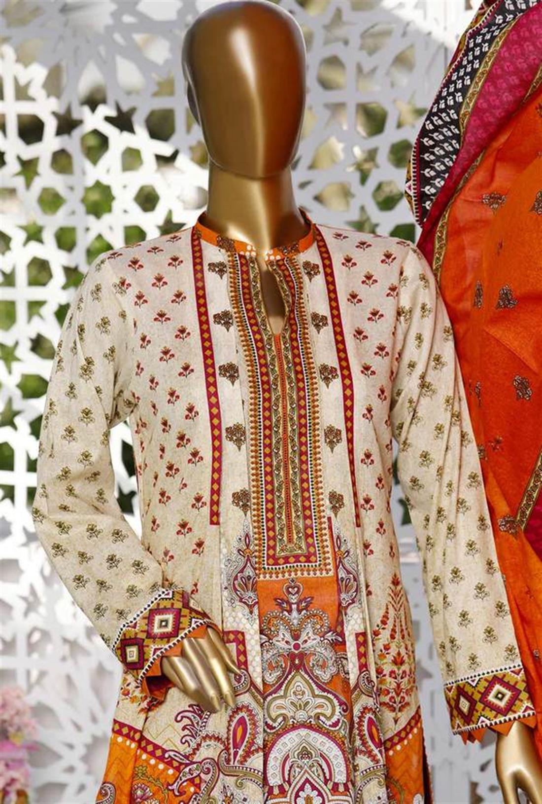 Skin & Orange Printed Lawn Unstitched Suits