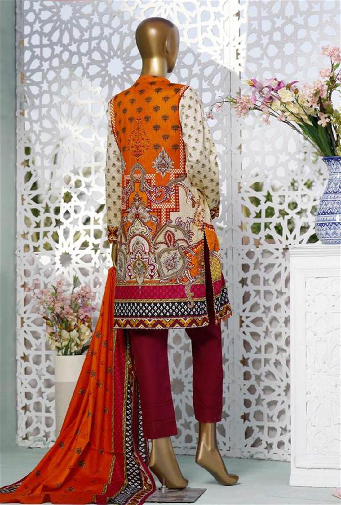 Skin & Orange Printed Lawn Unstitched Suits